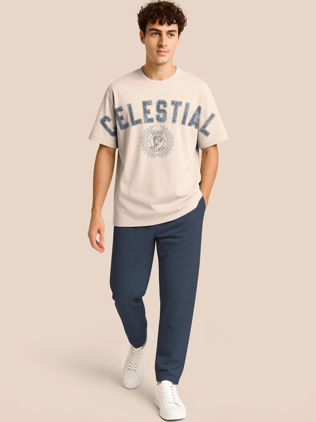 BULLMER Pack Of 2 Typography Printed Crew Neck Drop Shoulder Oversized T-shirts - left view