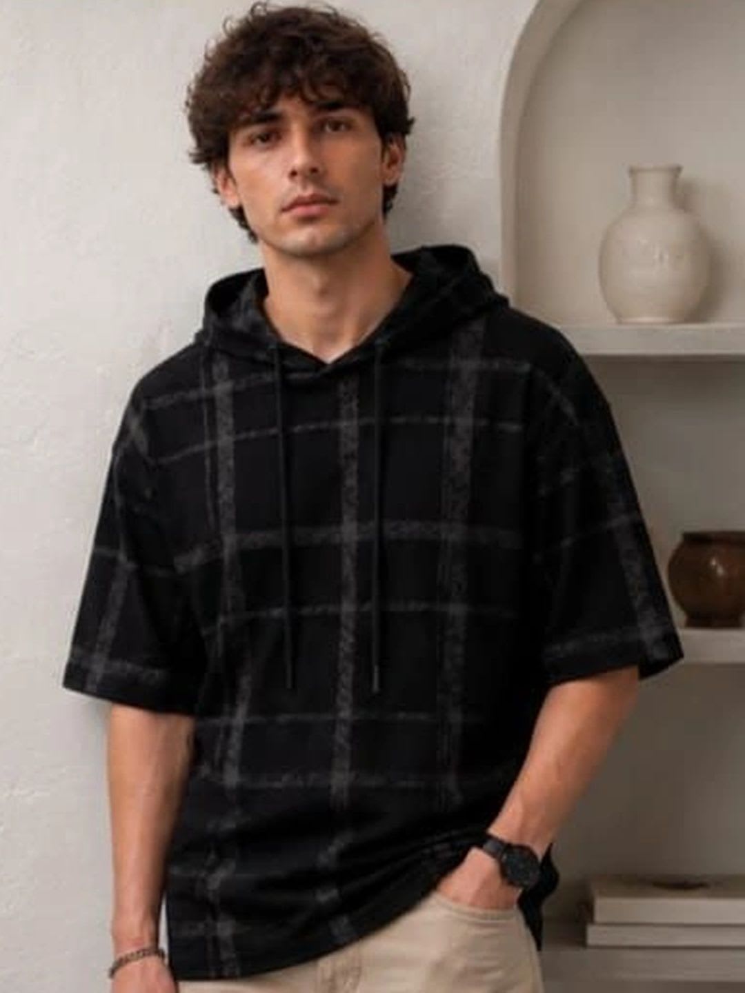 SAHHAYE Men Black Checked Hooded Regular Fit T-shirt - left view