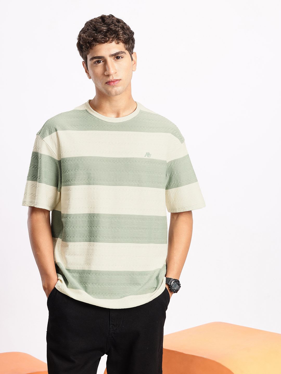 Aeropostale Oversized Fit Textured Striped Colourblocked T-shirt - back view