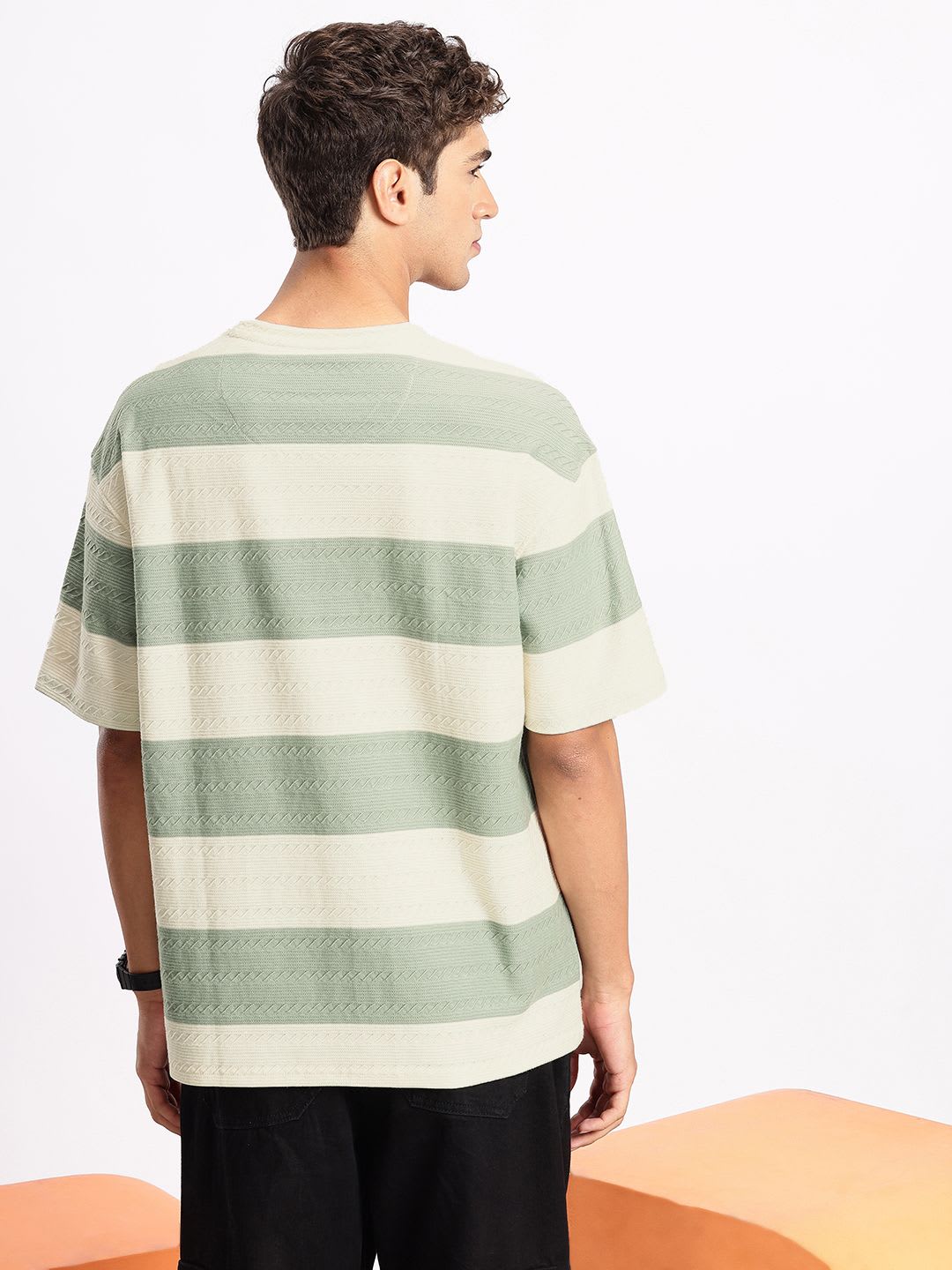 Aeropostale Oversized Fit Textured Striped Colourblocked T-shirt - left view