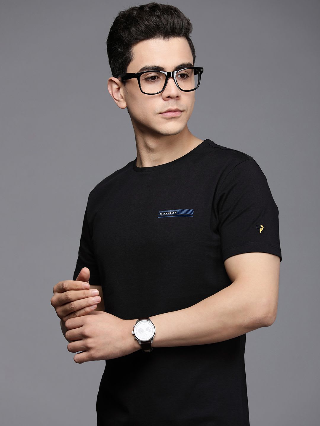 Allen Solly Men Black & Blue Brand Logo Printed Slim Fit Pure Cotton T-shirt - default view