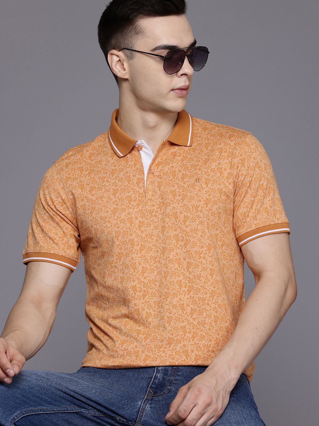 Raymond Floral Print Polo Collar Pure Cotton T-shirt - default view