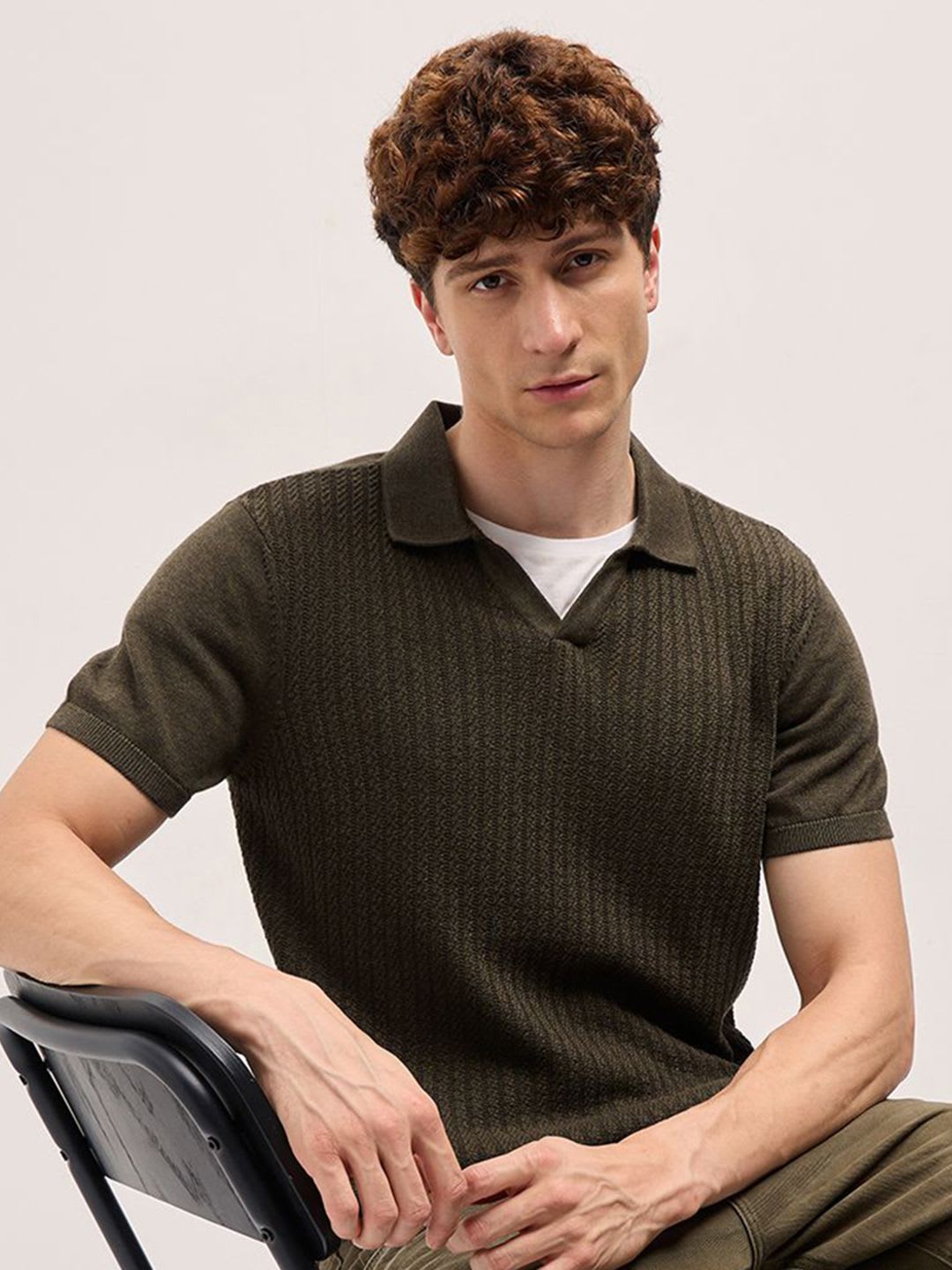 THE BEAR HOUSE Men Self Design Polo Collar Cotton Slim Fit T-shirt - default view