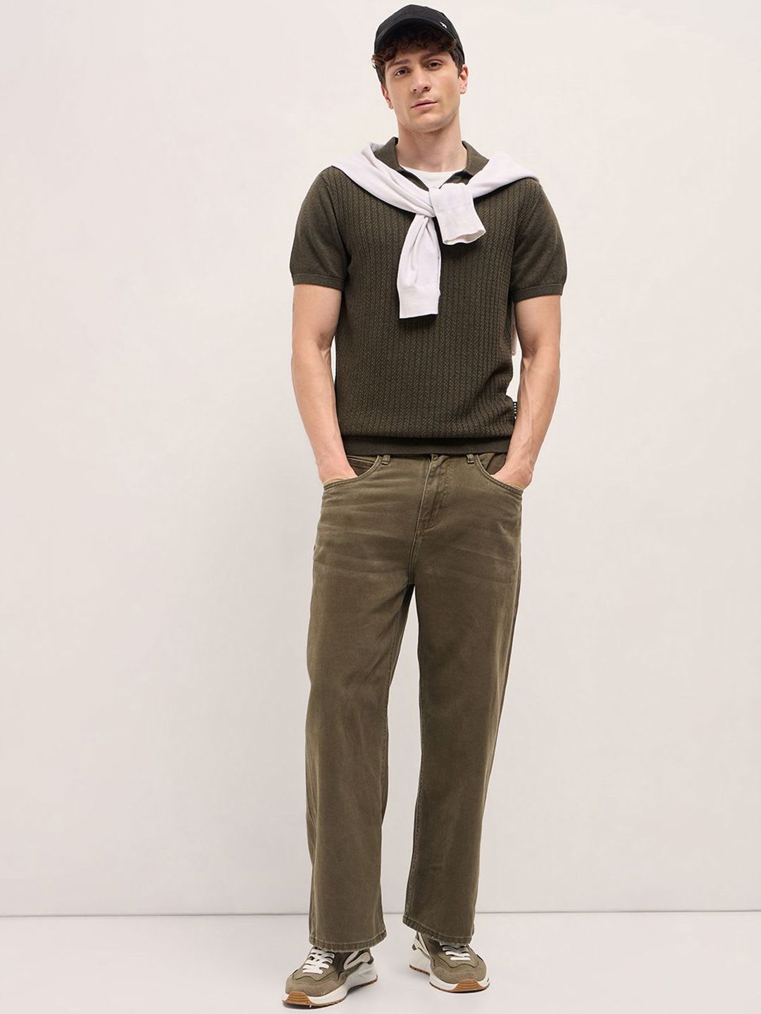 THE BEAR HOUSE Men Self Design Polo Collar Cotton Slim Fit T-shirt - left view