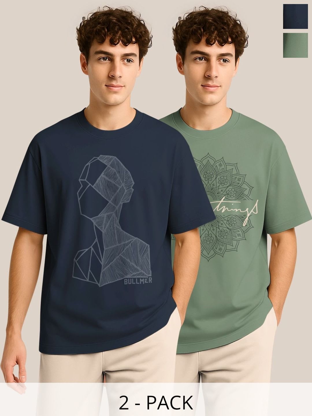 BULLMER Pack Of 2 Graphic Printed Crew Neck Drop Shoulder Oversized T-shirts - default view