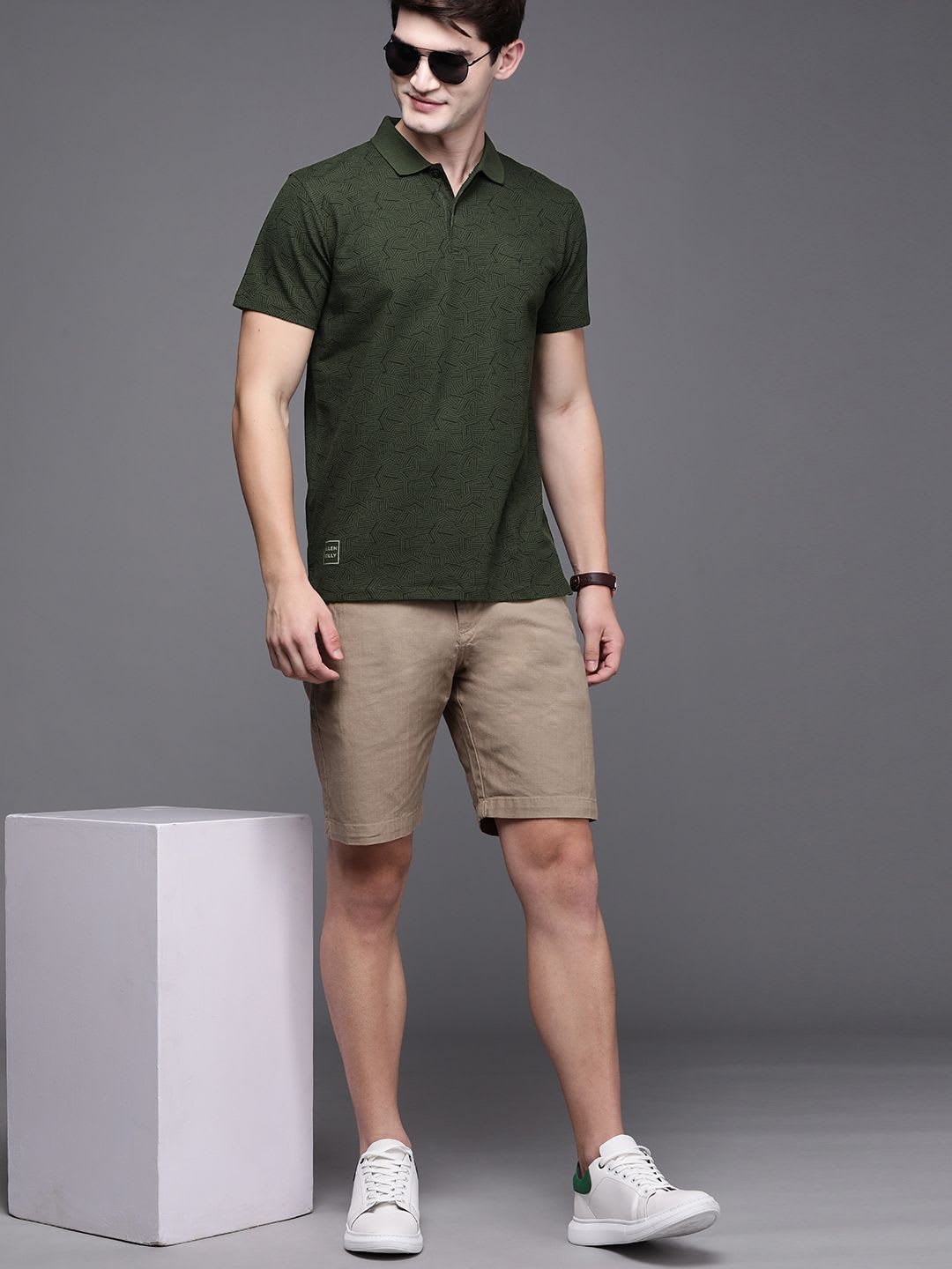 Allen Solly Men Olive Green & Black Printed Polo Collar T-shirt - default view