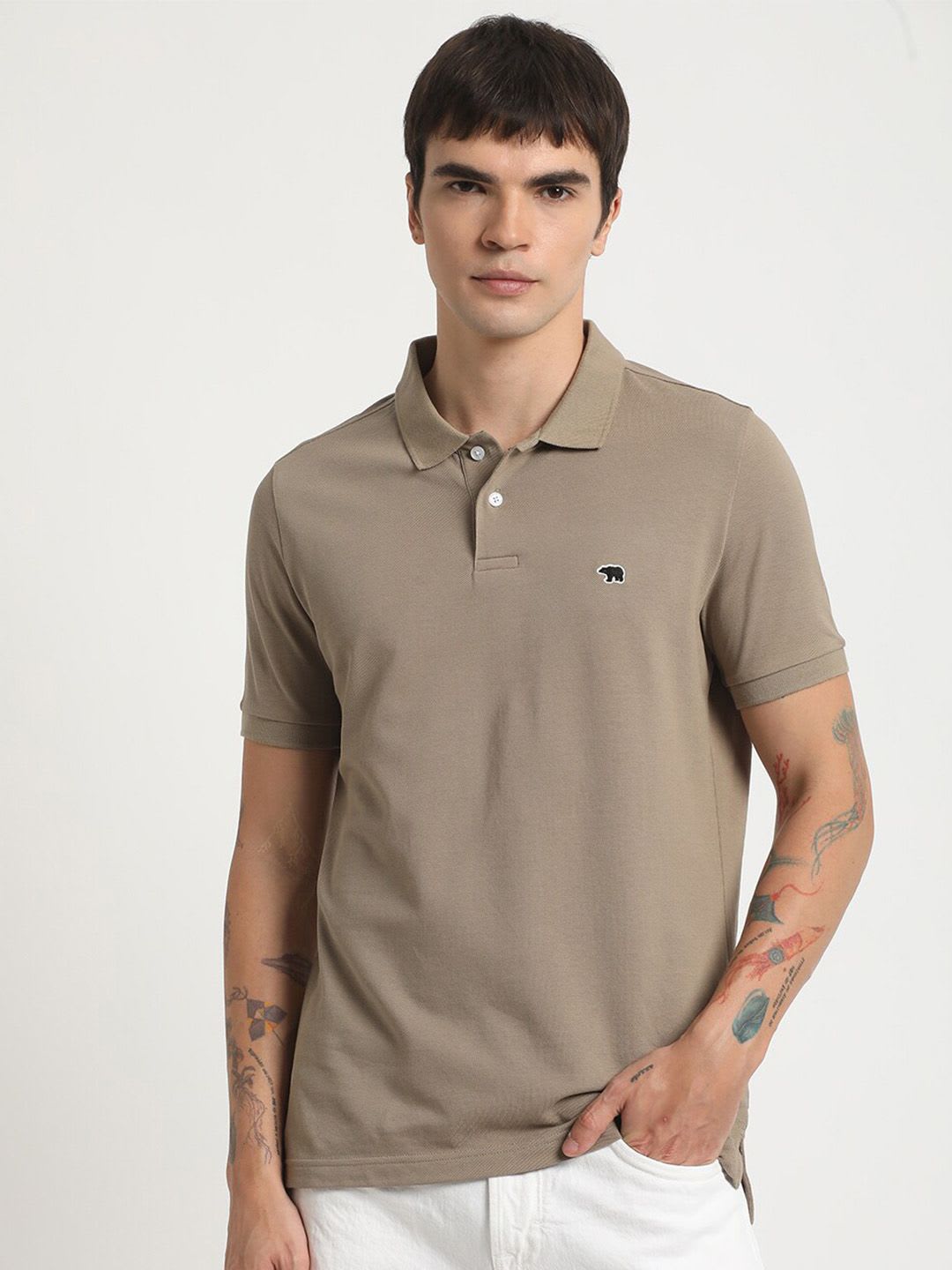 THE BEAR HOUSE Men Beige Solid Pure Cotton Polo Collar Slim Fit T-shirt - default view