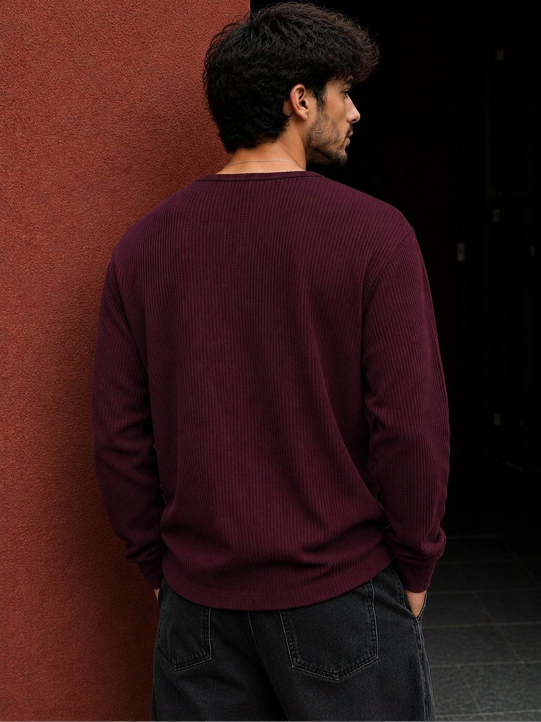 HOODLER Men Henley Neck T-shirt (MAROON) - left view