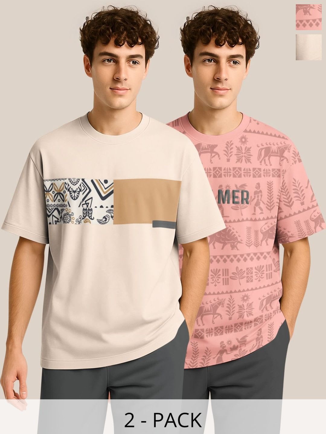BULLMER Pack Of 2 Graphic Printed Crew Neck Drop Shoulder Oversized T-shirts - default view