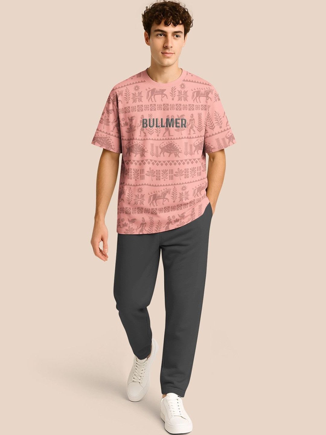 BULLMER Pack Of 2 Graphic Printed Crew Neck Drop Shoulder Oversized T-shirts - left view