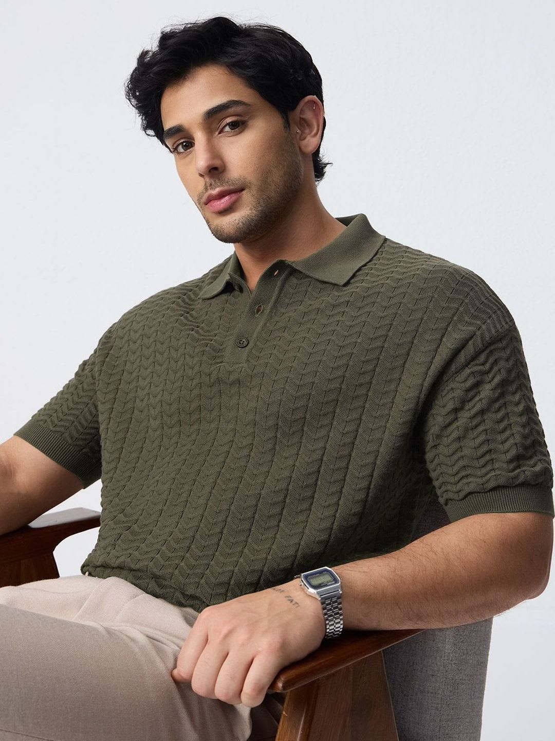 The Souled Store Men Oversized Fit Jacquard Printed Olive Polos - default view