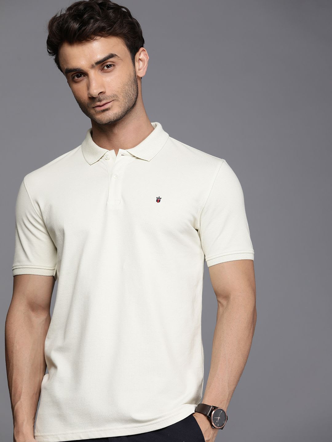 Louis Philippe Sport Men Slim Fit Textured Collar Solid Pique Half Sleeve Polo Tshirt - default view