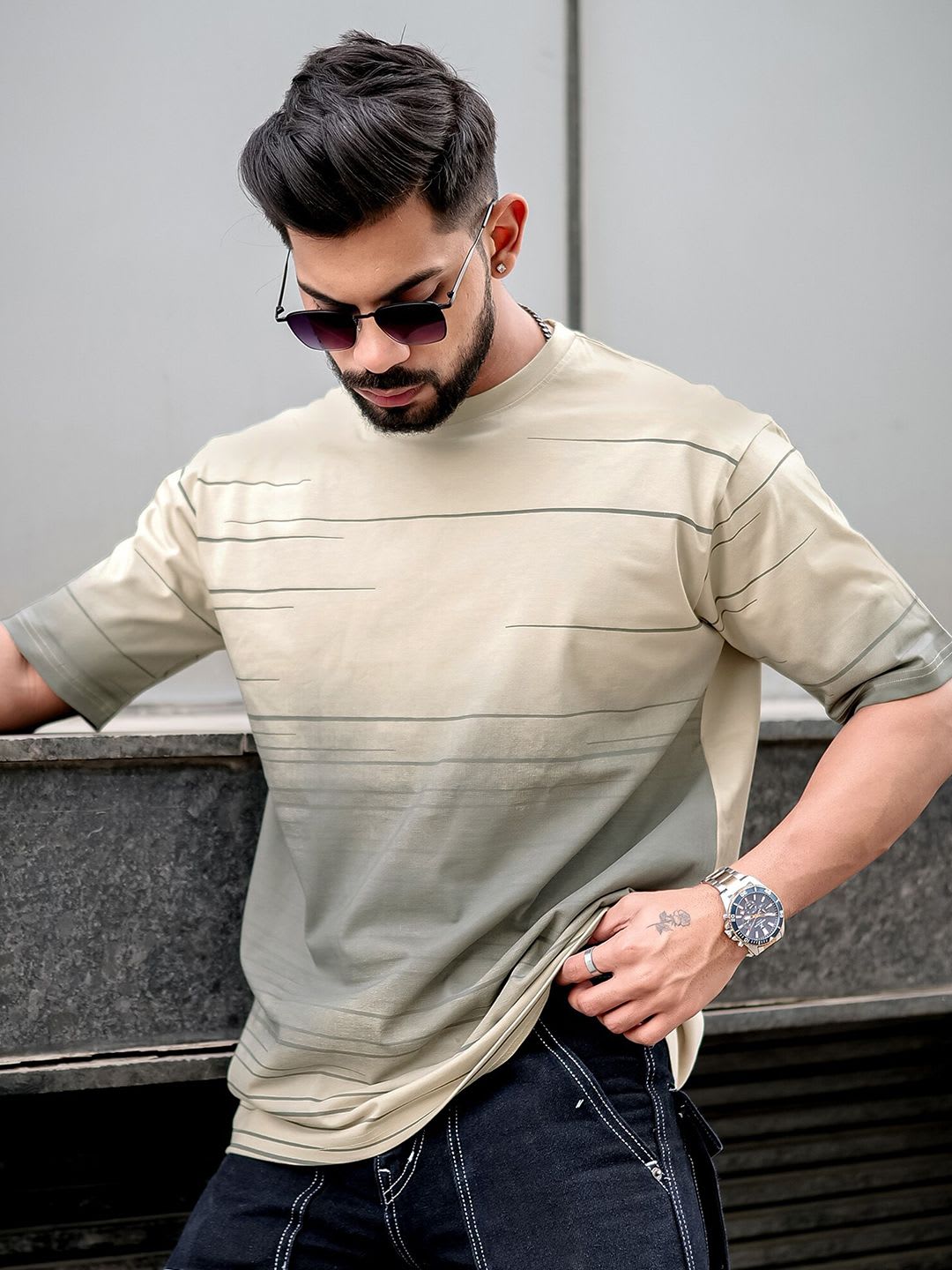 Maniac Striped Round Neck Oversized T-shirt - default view