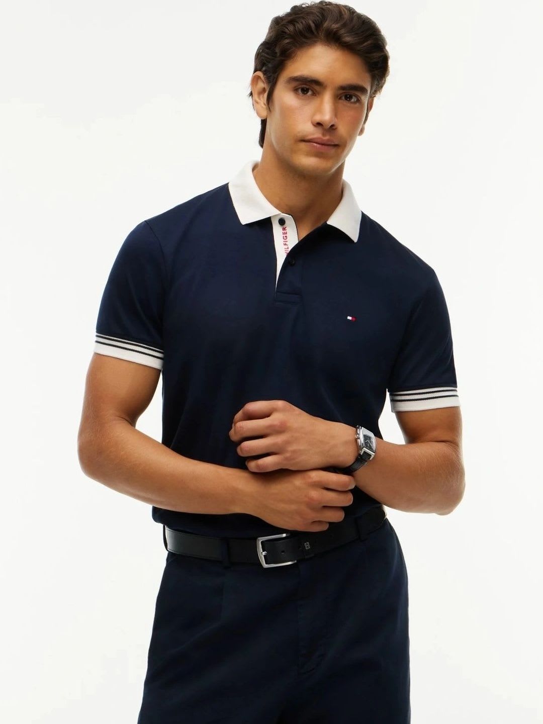 Tommy Hilfiger Men's Navy Blue Embroidered Flag Logo Slim Fit Polo T-shirt - default view