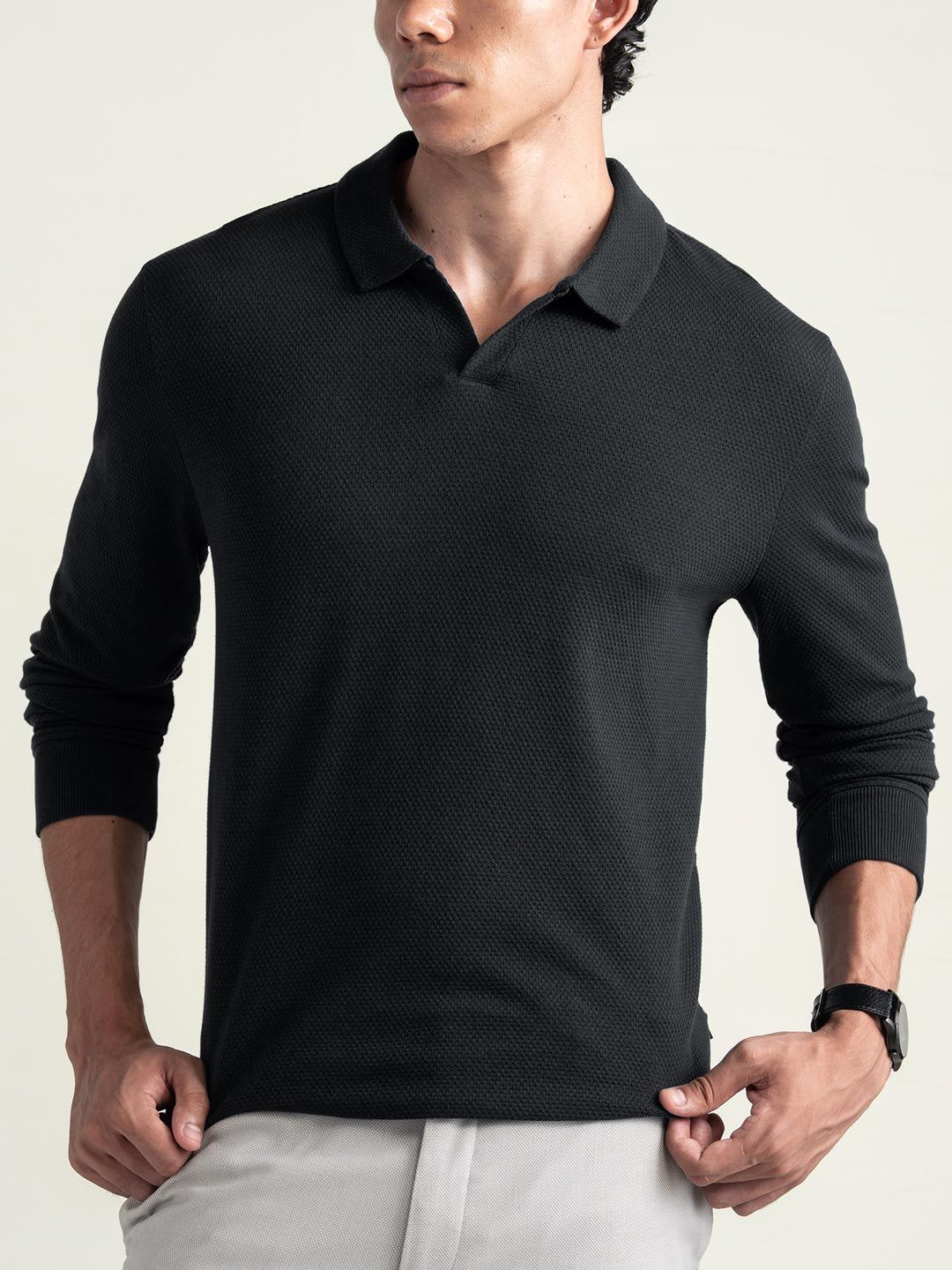 DAMENSCH Statement Popcorn Texture Premium Johnny Collar Full Sleeve Polo T Shirt - default view