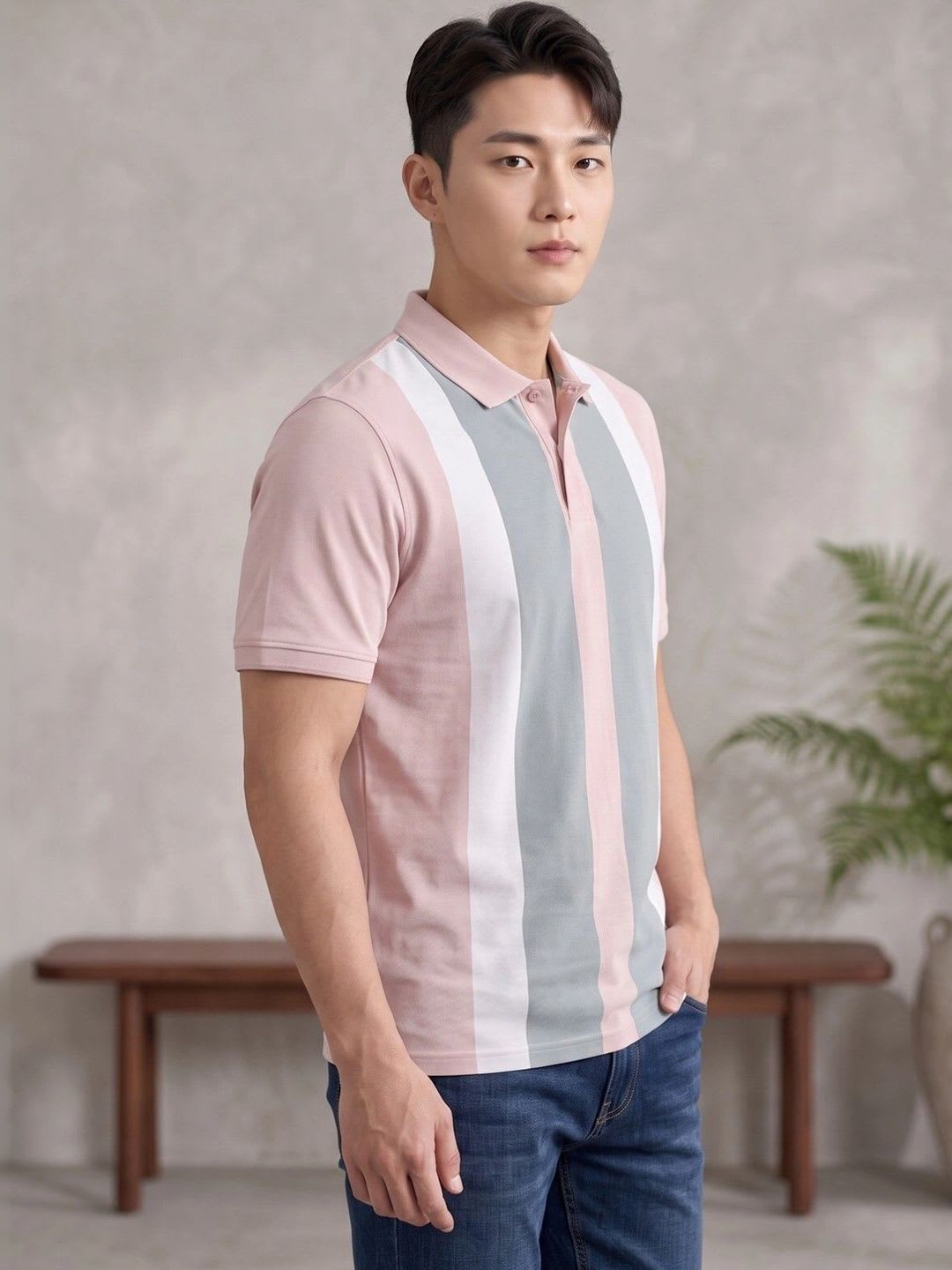 BULLMER Men Striped Polo Collar T-shirt - back view