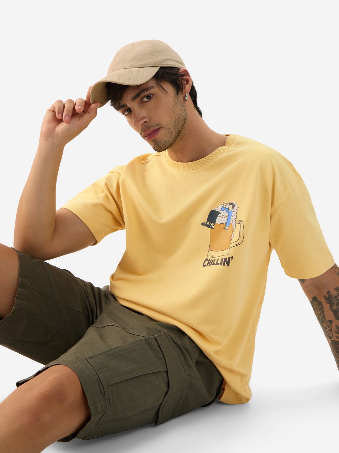 The Souled Store Men Yellow Printed Cotton Oversized Fit T-Shirts - default view