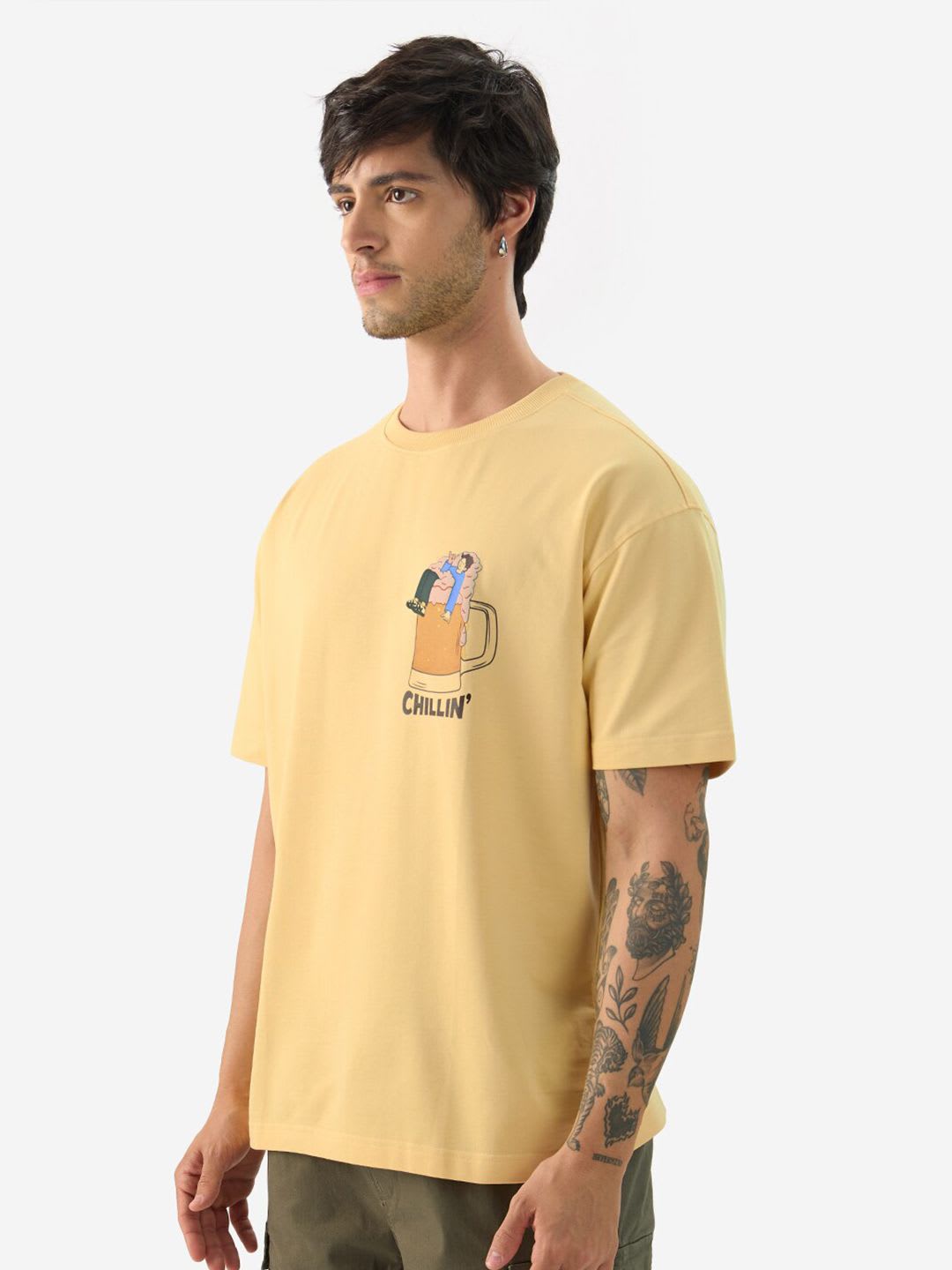 The Souled Store Men Yellow Printed Cotton Oversized Fit T-Shirts - right view