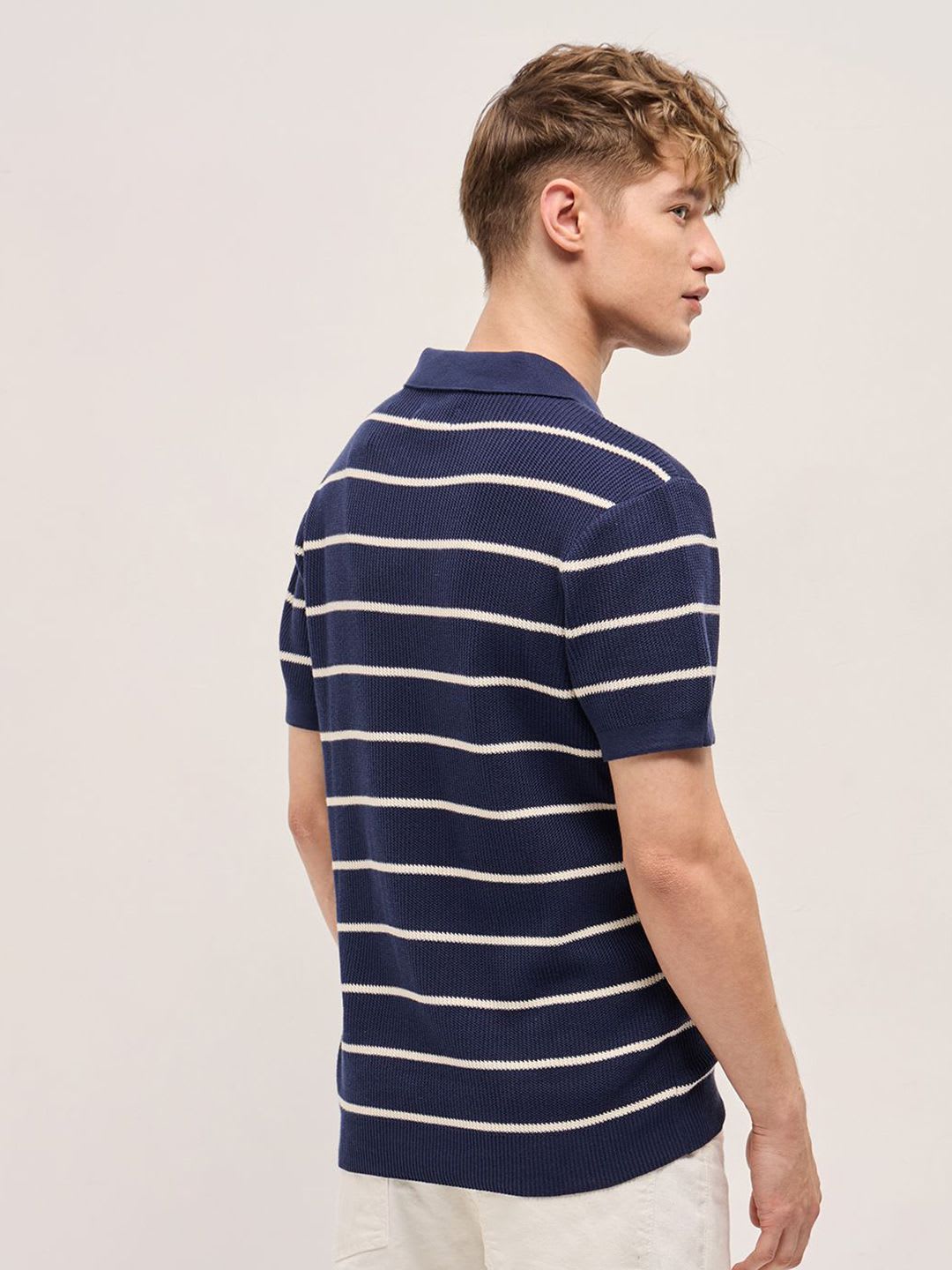 THE BEAR HOUSE Men Striped Polo Collar Cotton Slim Fit T-shirt - back view