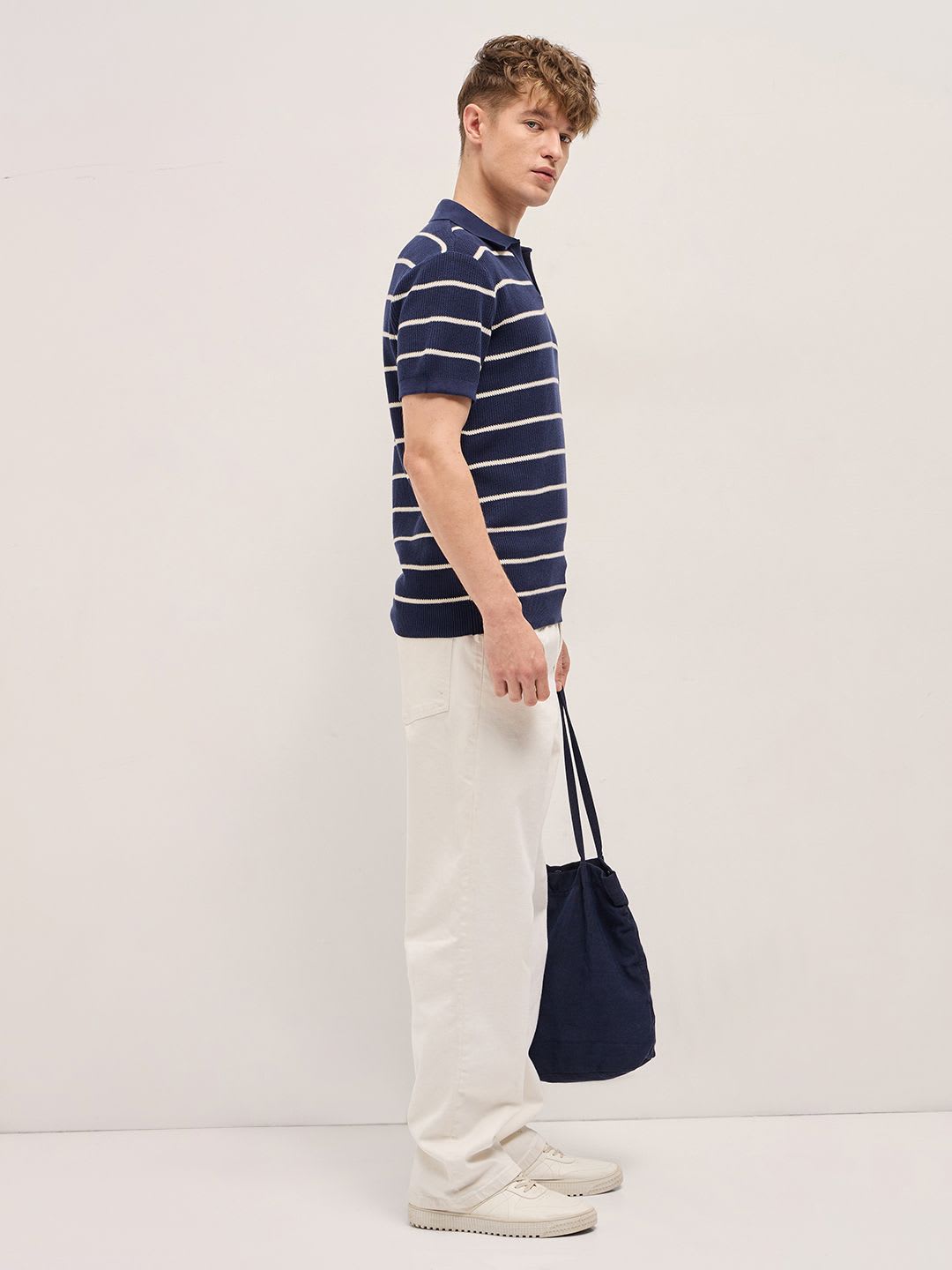 THE BEAR HOUSE Men Striped Polo Collar Cotton Slim Fit T-shirt - left view