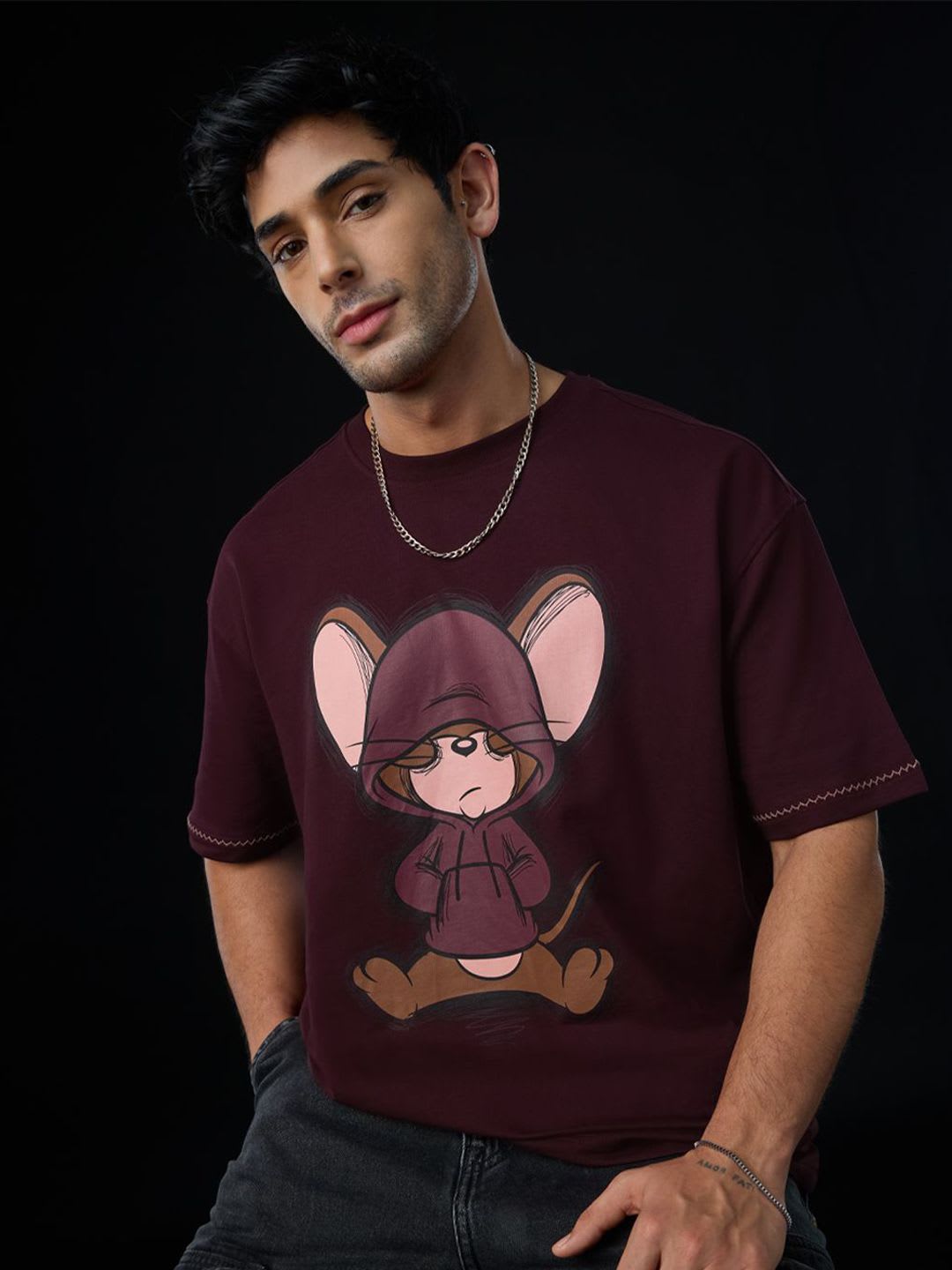 The Souled Store Men Oversized Tom & Jerry Burgundy Tshirts - default view