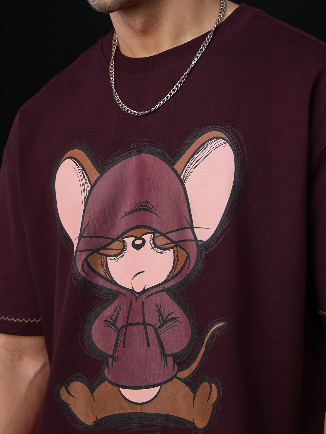 The Souled Store Men Oversized Tom & Jerry Burgundy Tshirts - back view