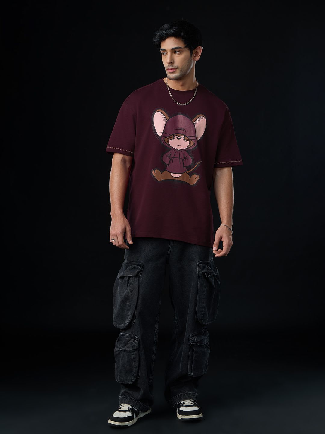 The Souled Store Men Oversized Tom & Jerry Burgundy Tshirts - right view