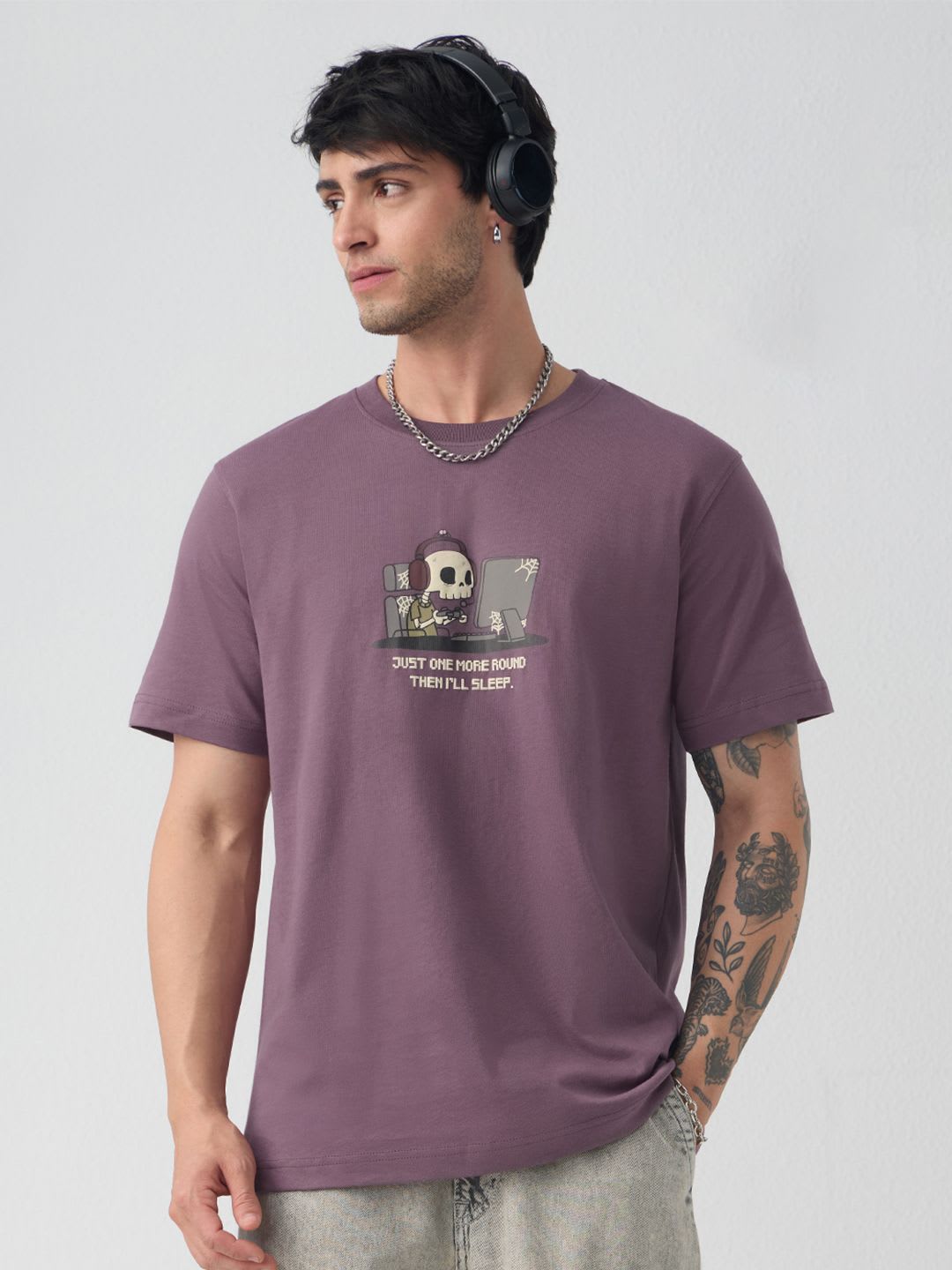 The Souled Store Men Relaxed Fit Printed Mauve T-Shirts - default view
