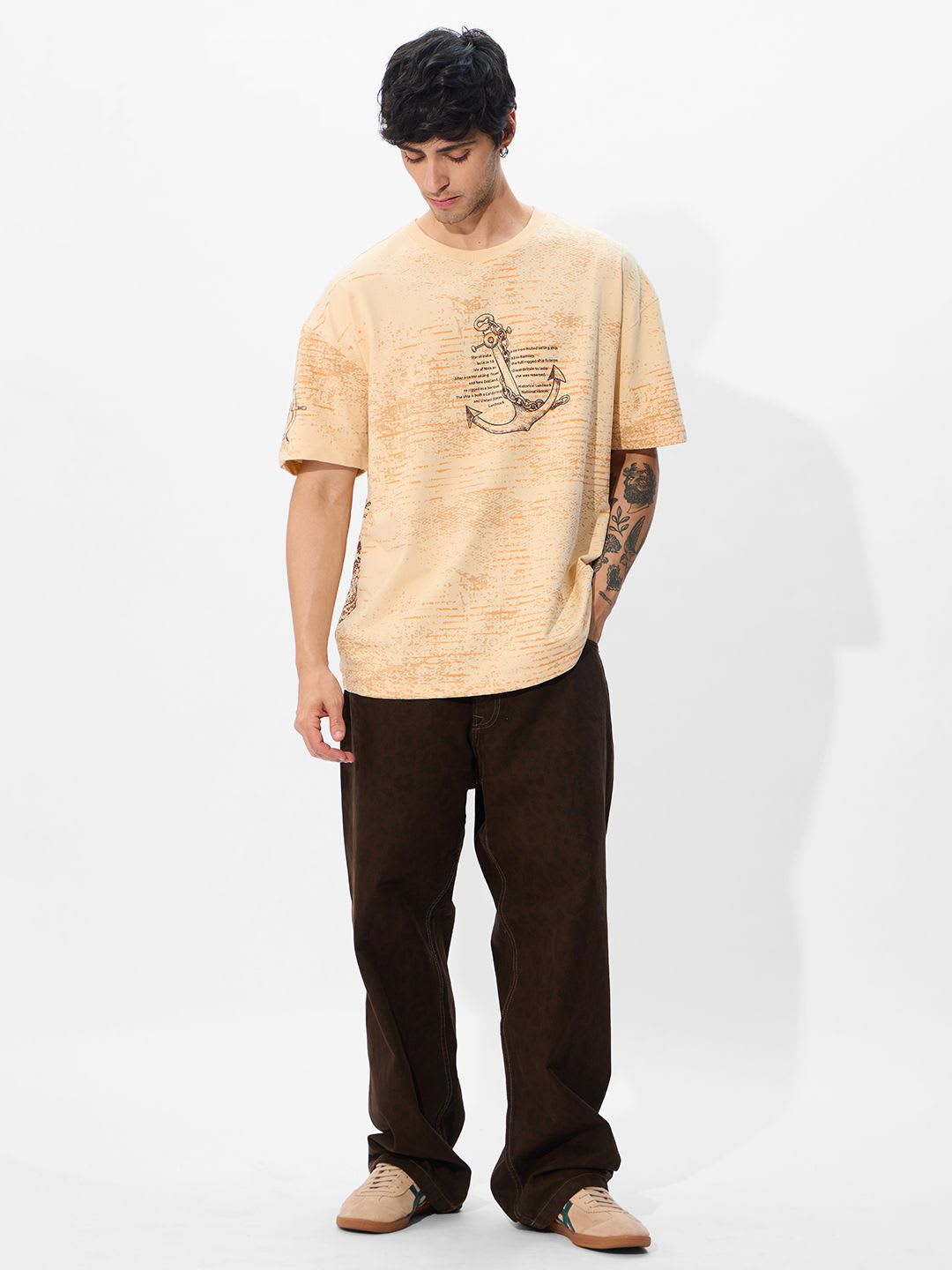 The Souled Store Men Off-White Printed Cotton Oversized Fit T-Shirts - left view