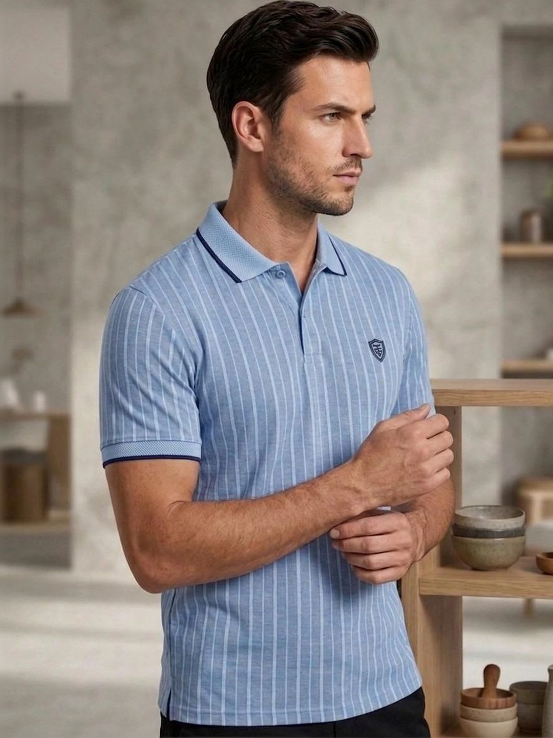 HANG N HOLD Men Striped Polo Collar T-shirt - back view