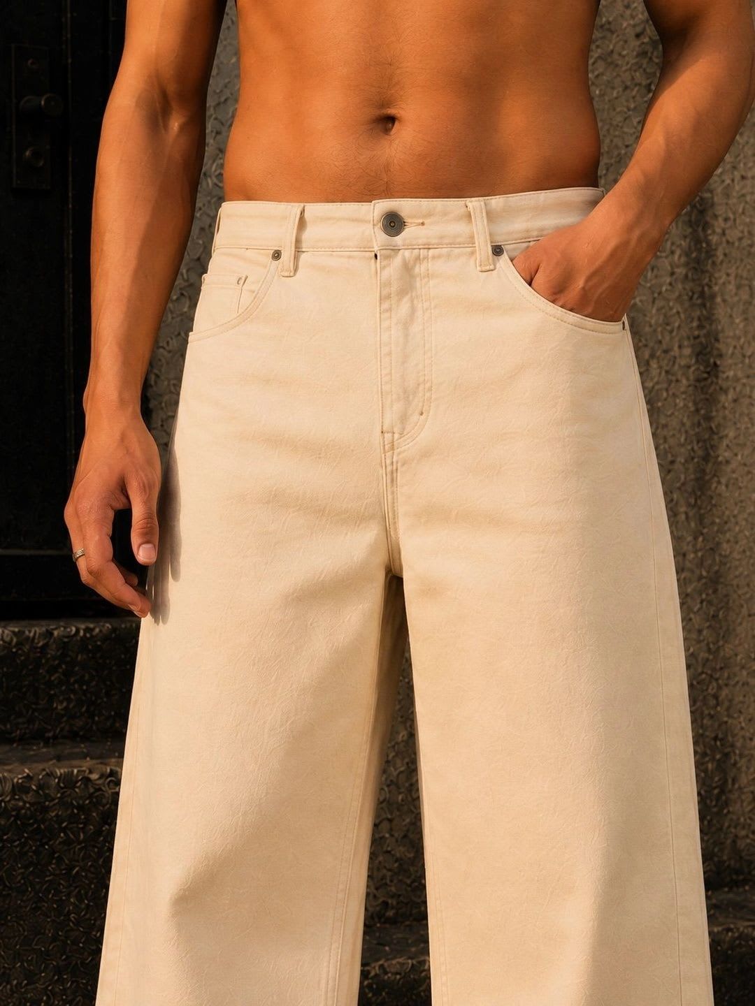 Bene Kleed Men Ecru Wide Leg Mid Rise Jeans - left view