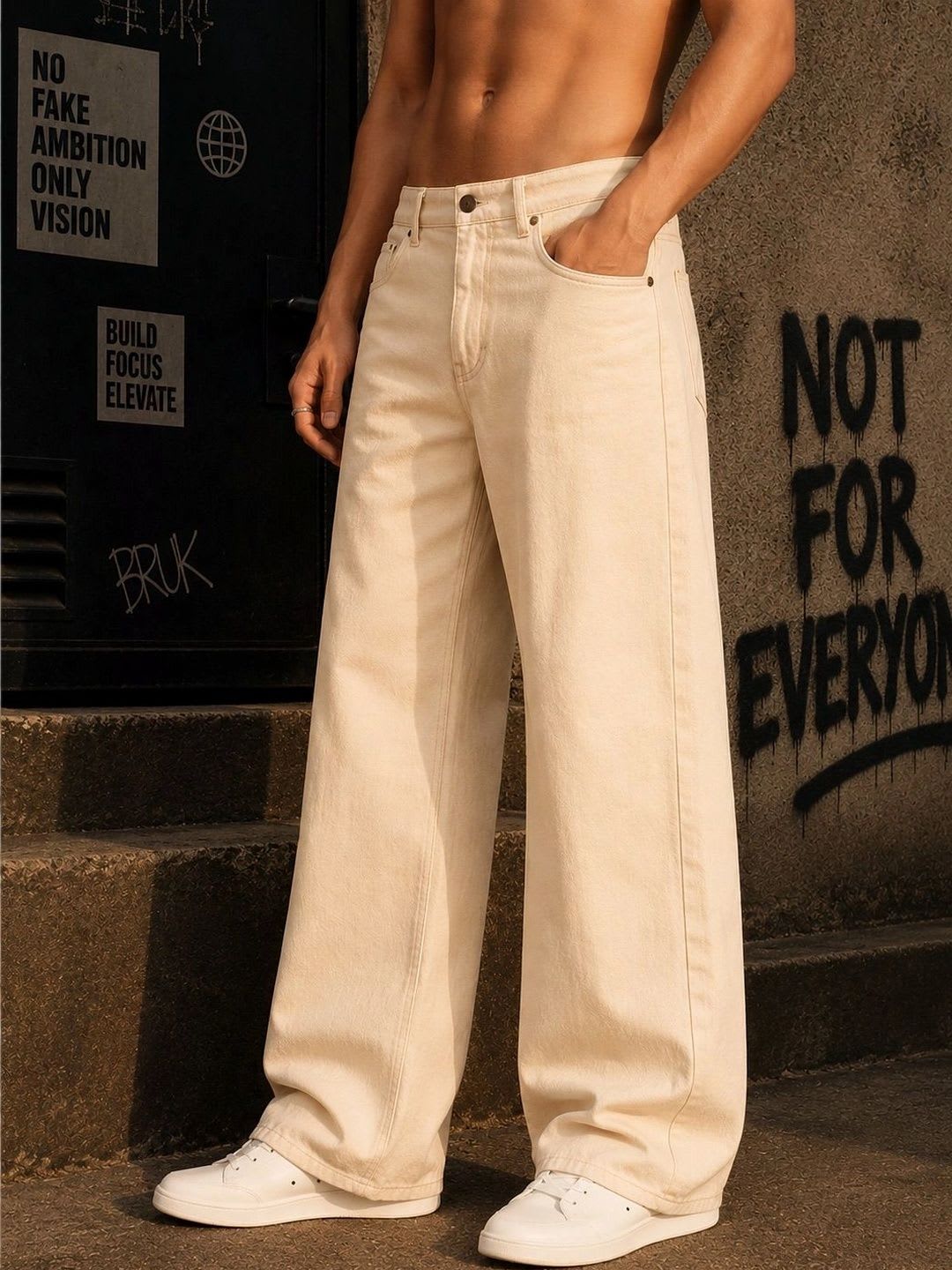 Bene Kleed Men Ecru Wide Leg Mid Rise Jeans - back view