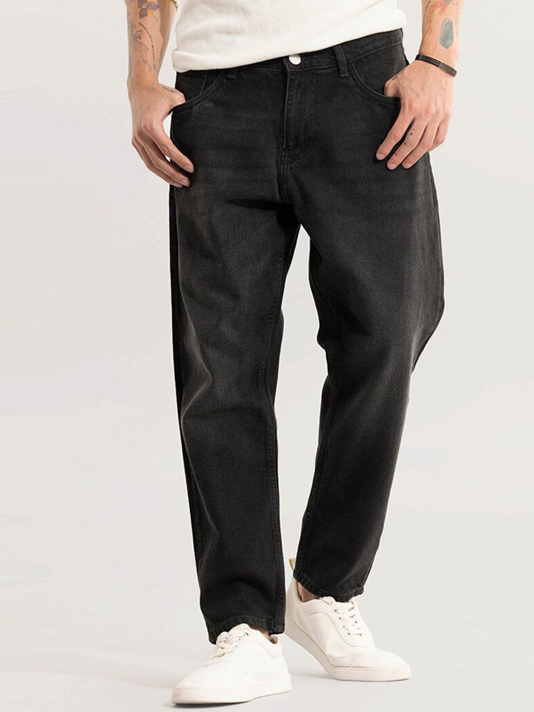 Snitch Men Black Light Fade Pure Cotton Baggy Relaxed Fit Stretchable Jeans - default view