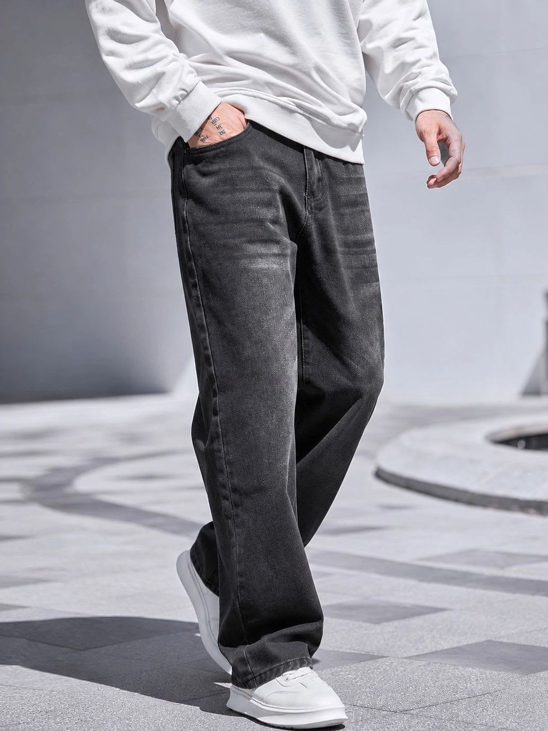 BREXX Men Jean Wide Leg Mid-Rise Low Distress Light Fade Stretchable Jeans - left view