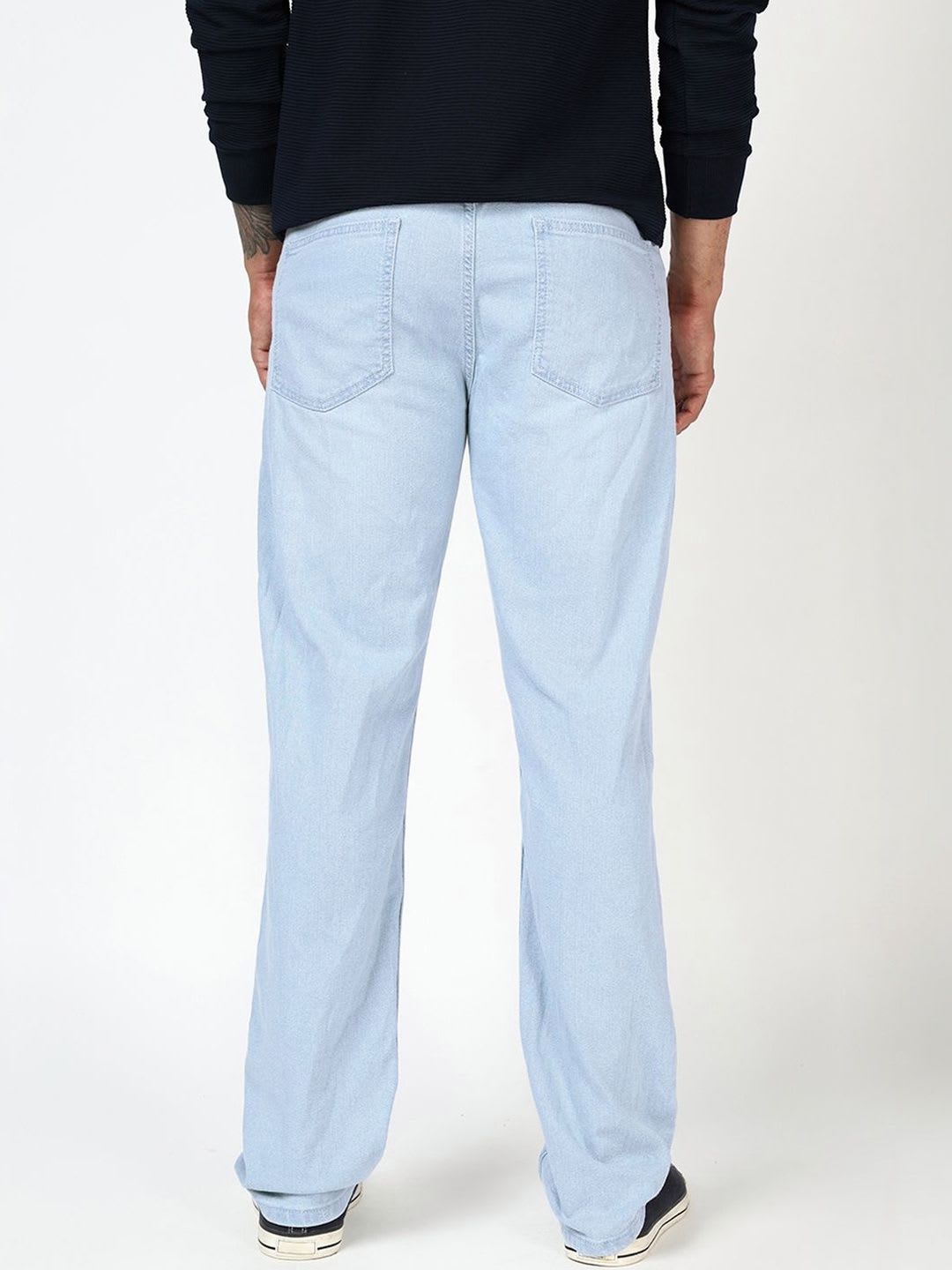 Bewakoof Men's Light Blue Slim Straight Fit Stretchable Mid-Rise Jeans - back view