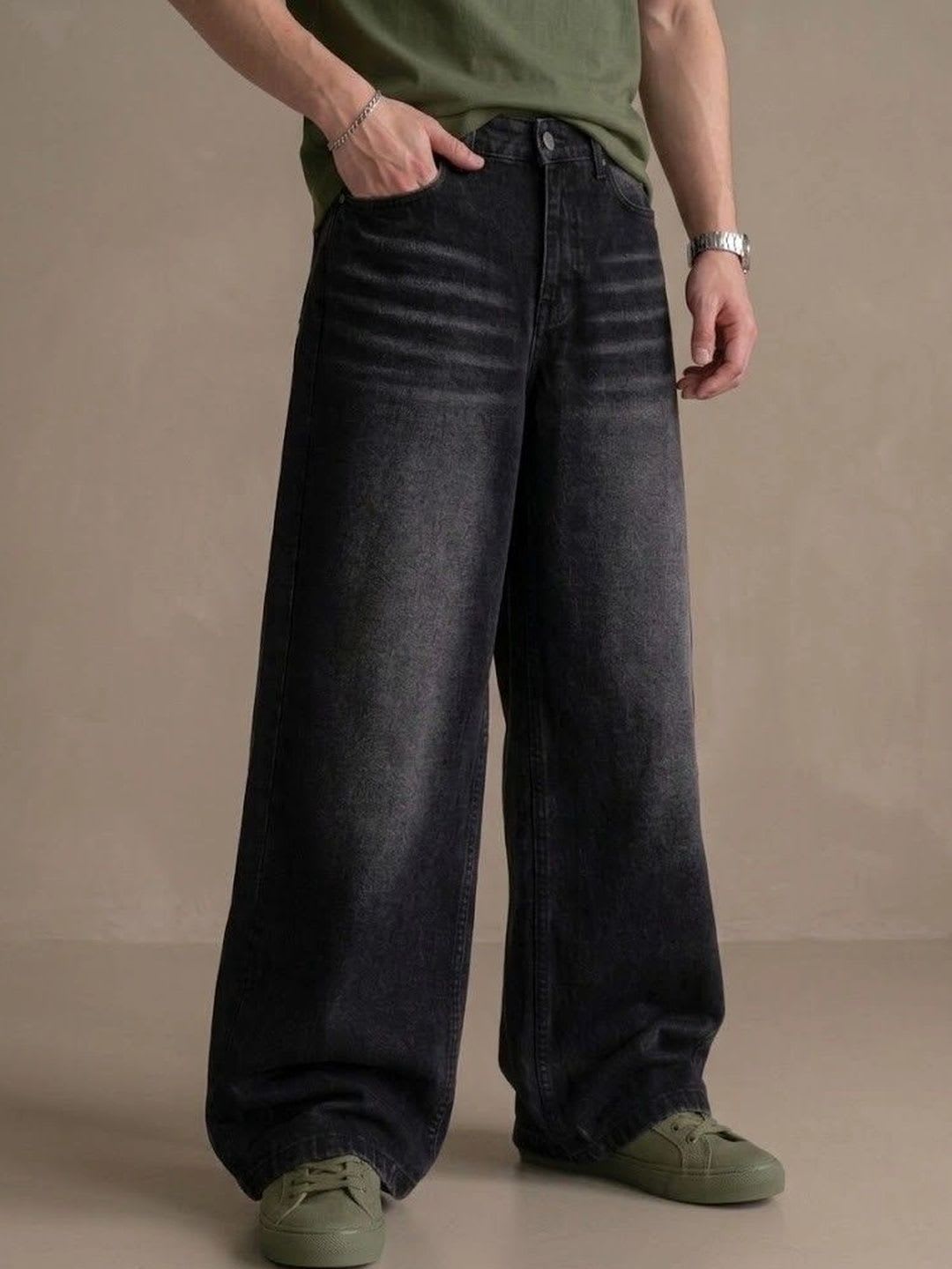 FEBRi Men Wide Leg Mid-Rise Low Distress Light Fade Jeans - default view