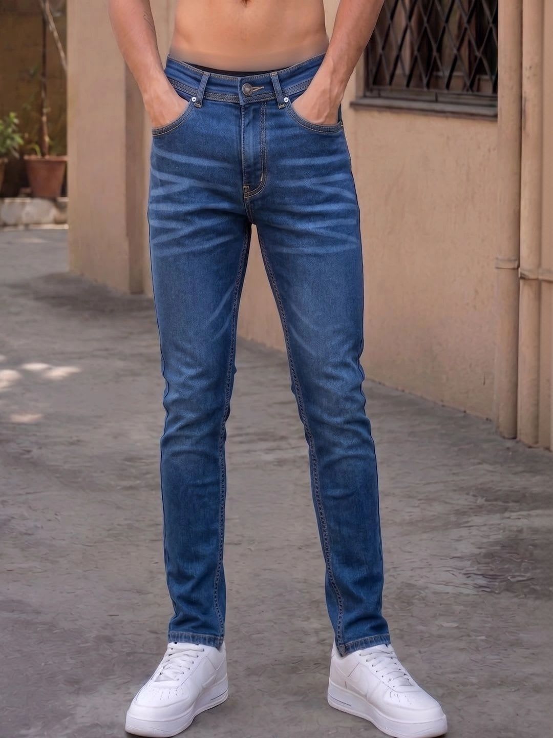 True One Raw Men Slim Fit Mid-Rise Low Distress Stretchable Jeans - default view