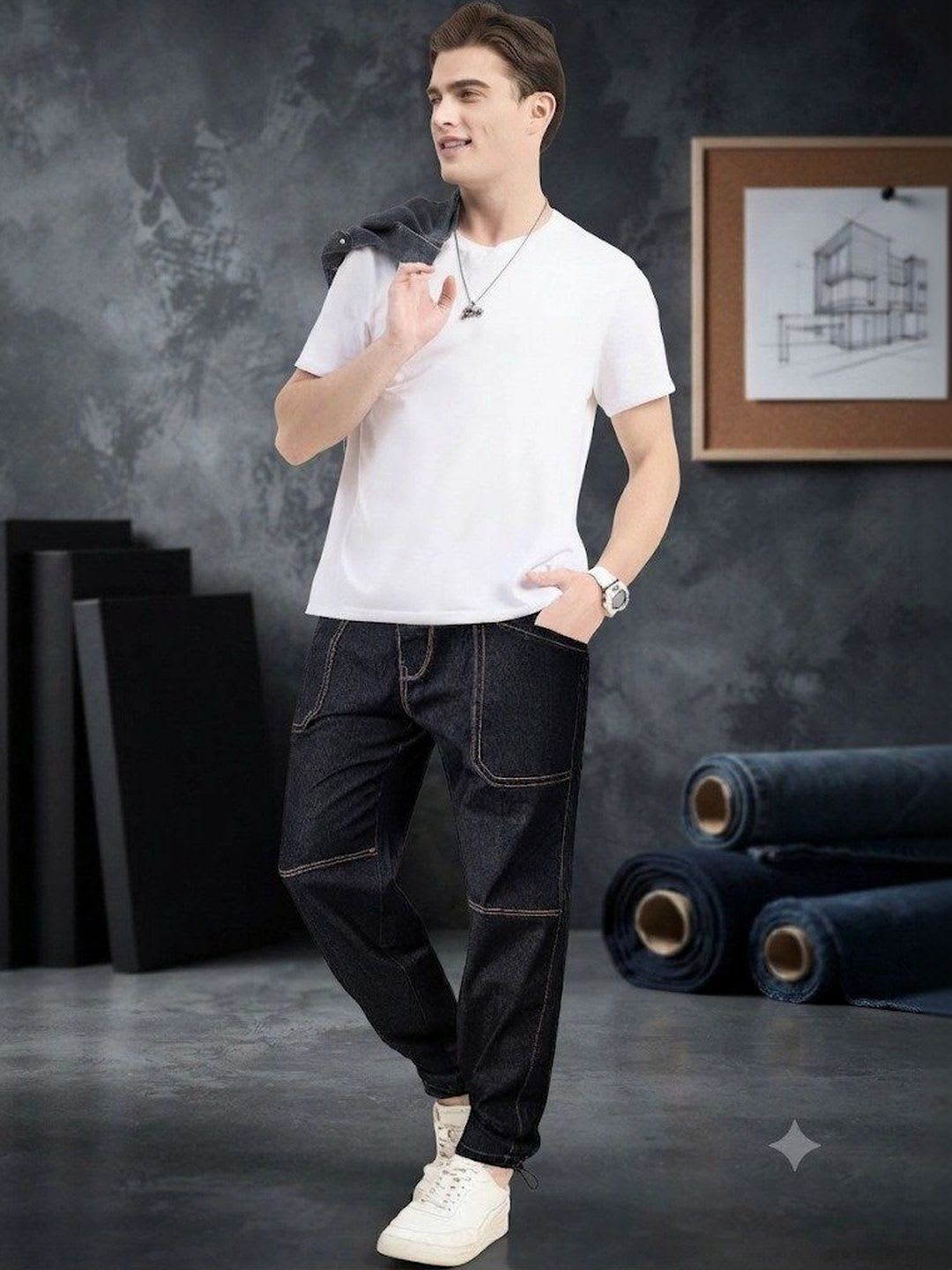 RIG BONE Men Relaxed Fit Mid-Rise Heavy Fade Cuffed Hem Stretchable Jeans - left view