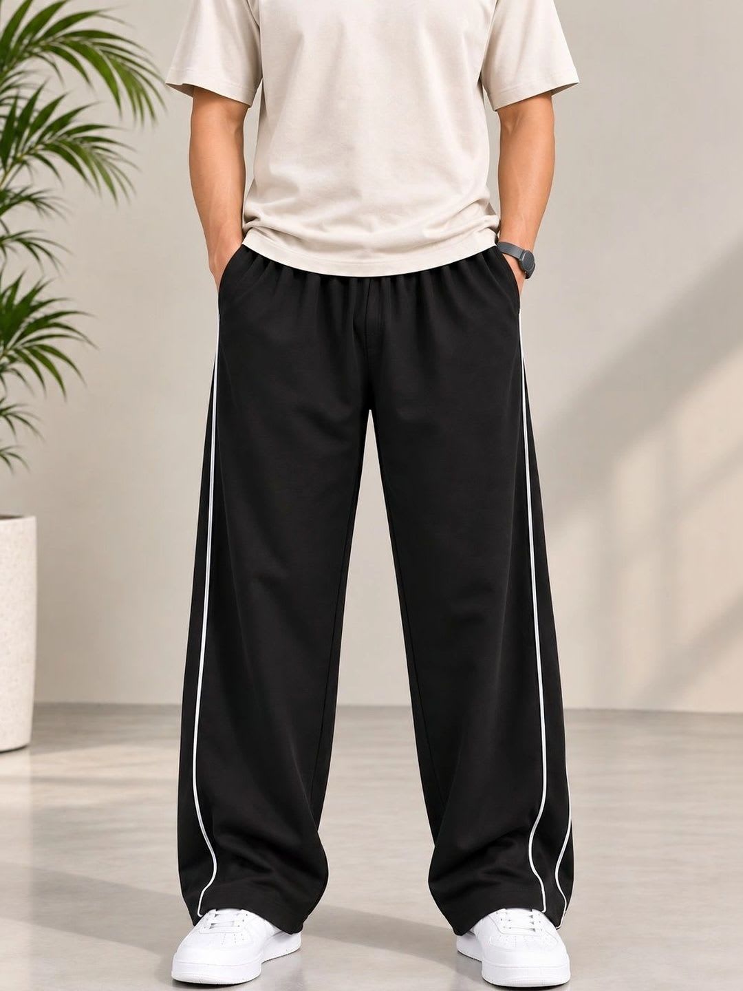 MK BROTHERS Men Wide Leg Side Piping Track Pants - default view