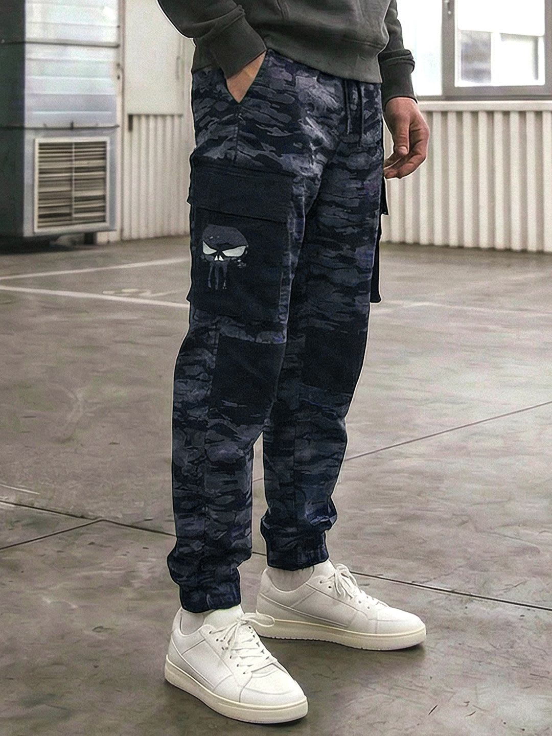 The Souled Store Men Regular Fit Punisher Printed Grey Cargo Joggers - default view