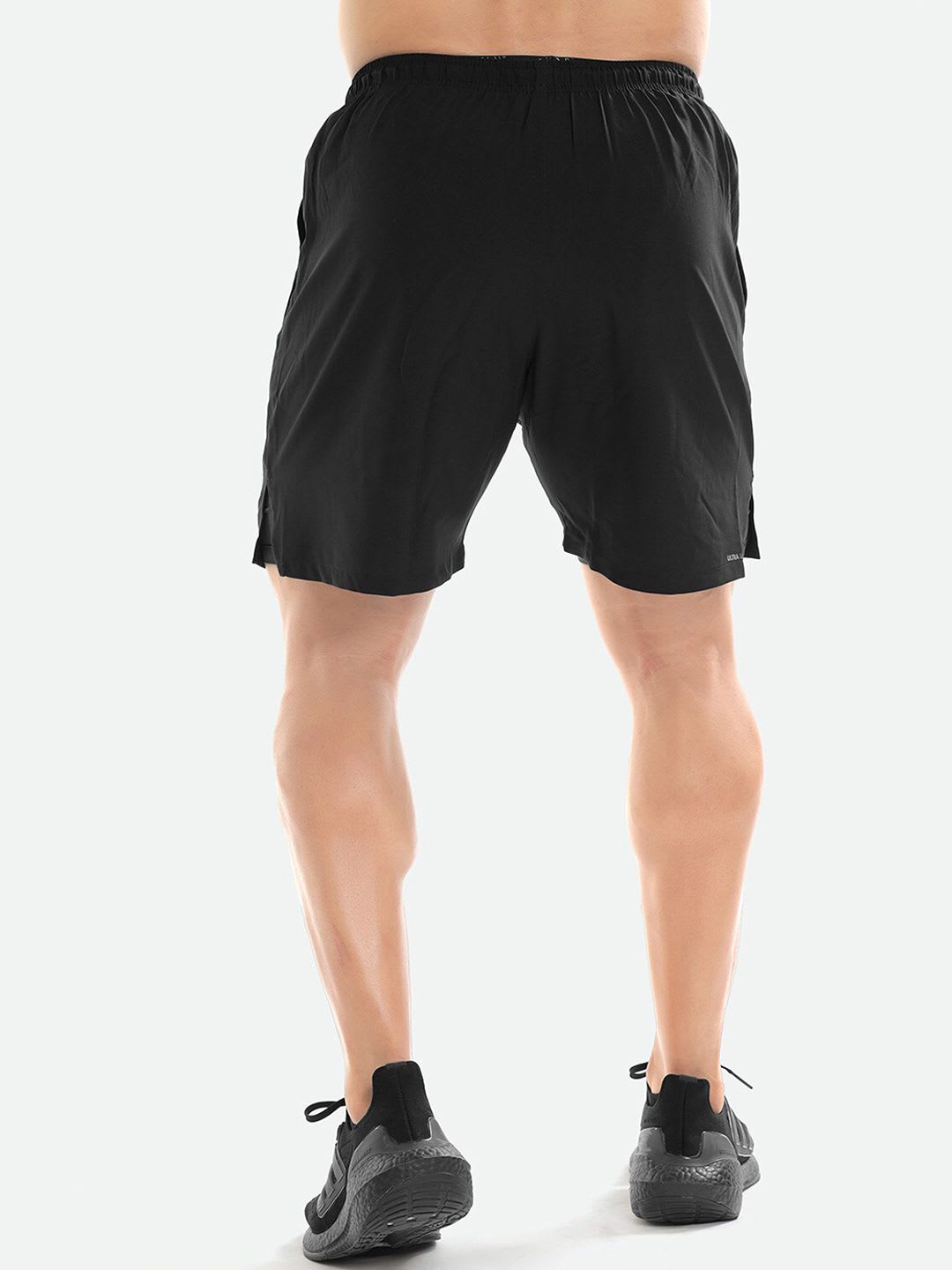FUAARK Men Black Skinny Fit High-Rise Training or Gym Sports Shorts with Antimicrobial Technology - back view