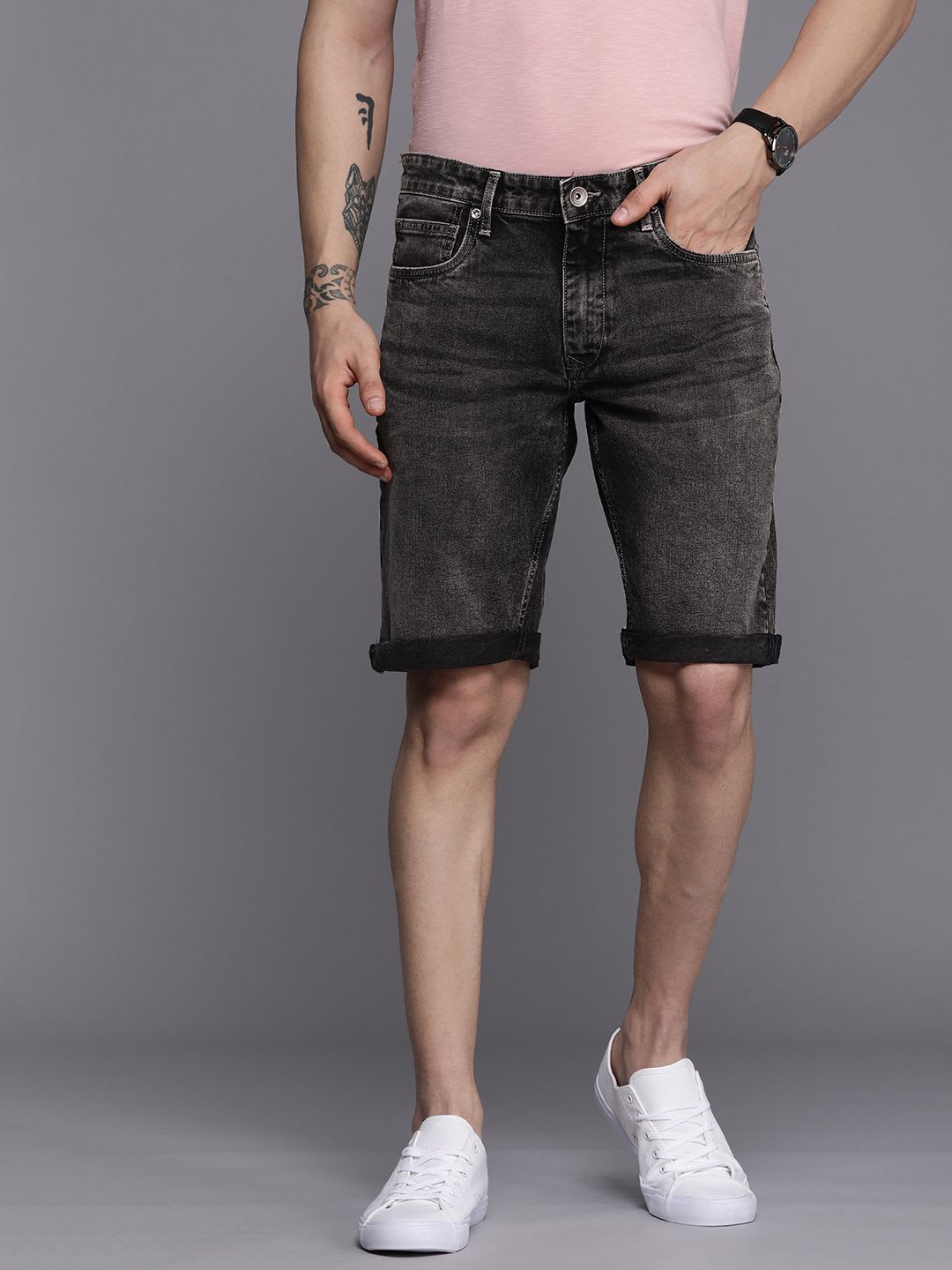 Louis Philippe Jeans Men Grey Melange Slim Fit Denim Shorts - default view