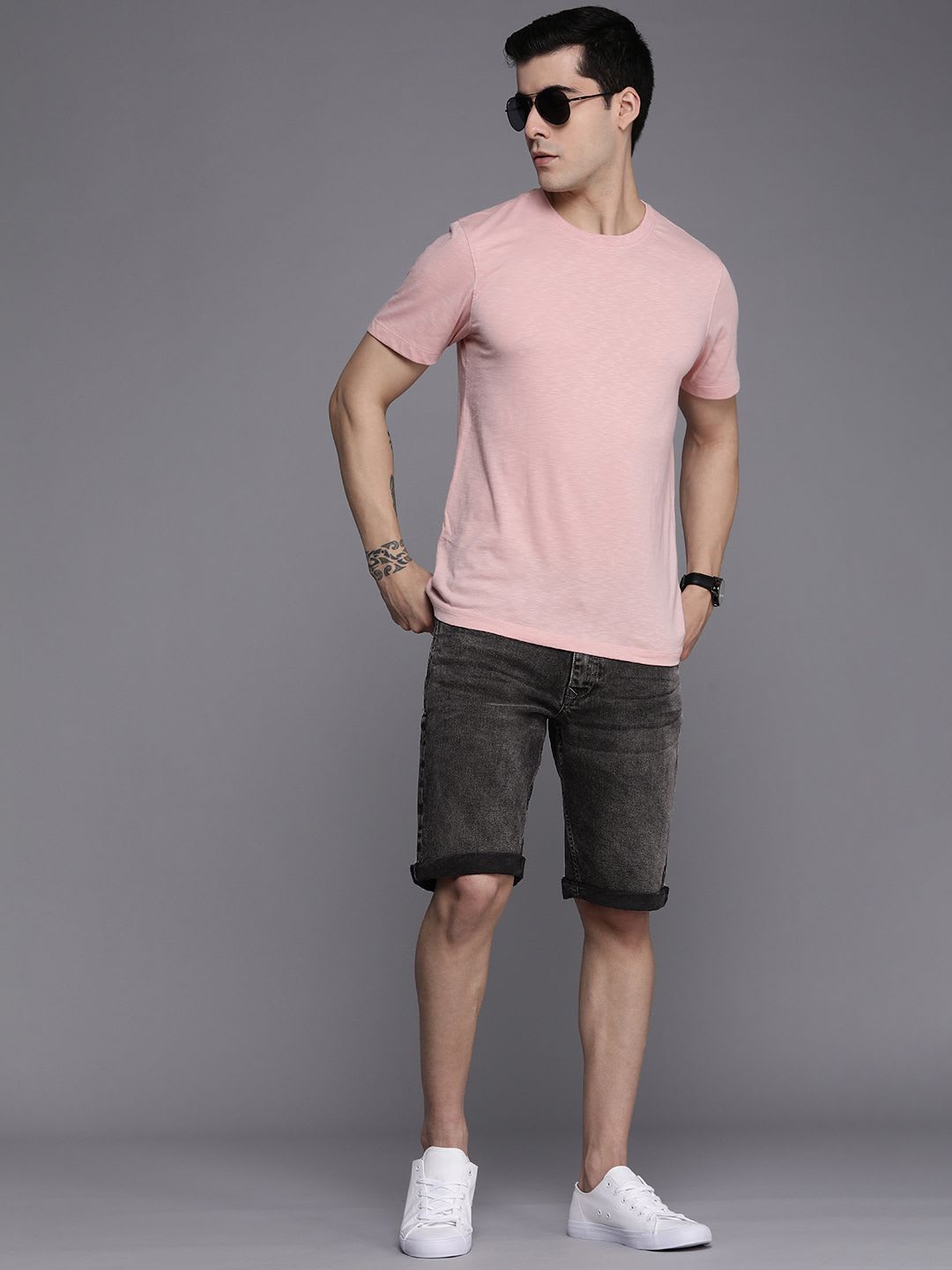 Louis Philippe Jeans Men Grey Melange Slim Fit Denim Shorts - left view