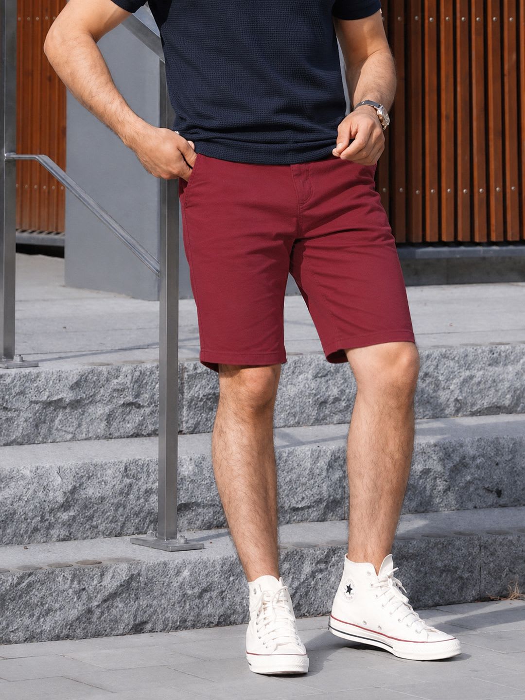 The Indian Garage Co Men Maroon Solid Slim Fit Denim Shorts - default view