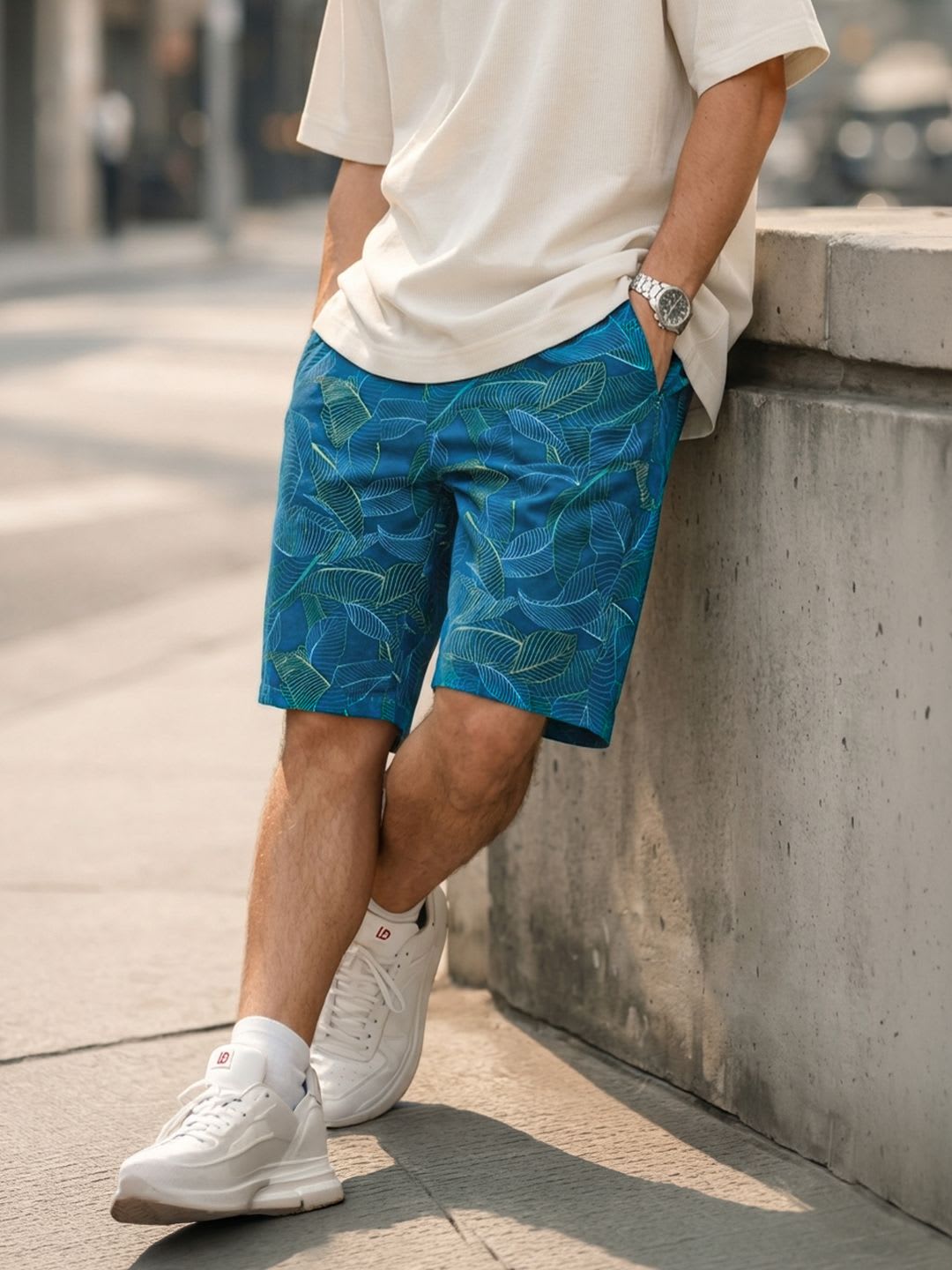 The Indian Garage Co Men Teal Blue & Green Printed Slim Fit Shorts - default view