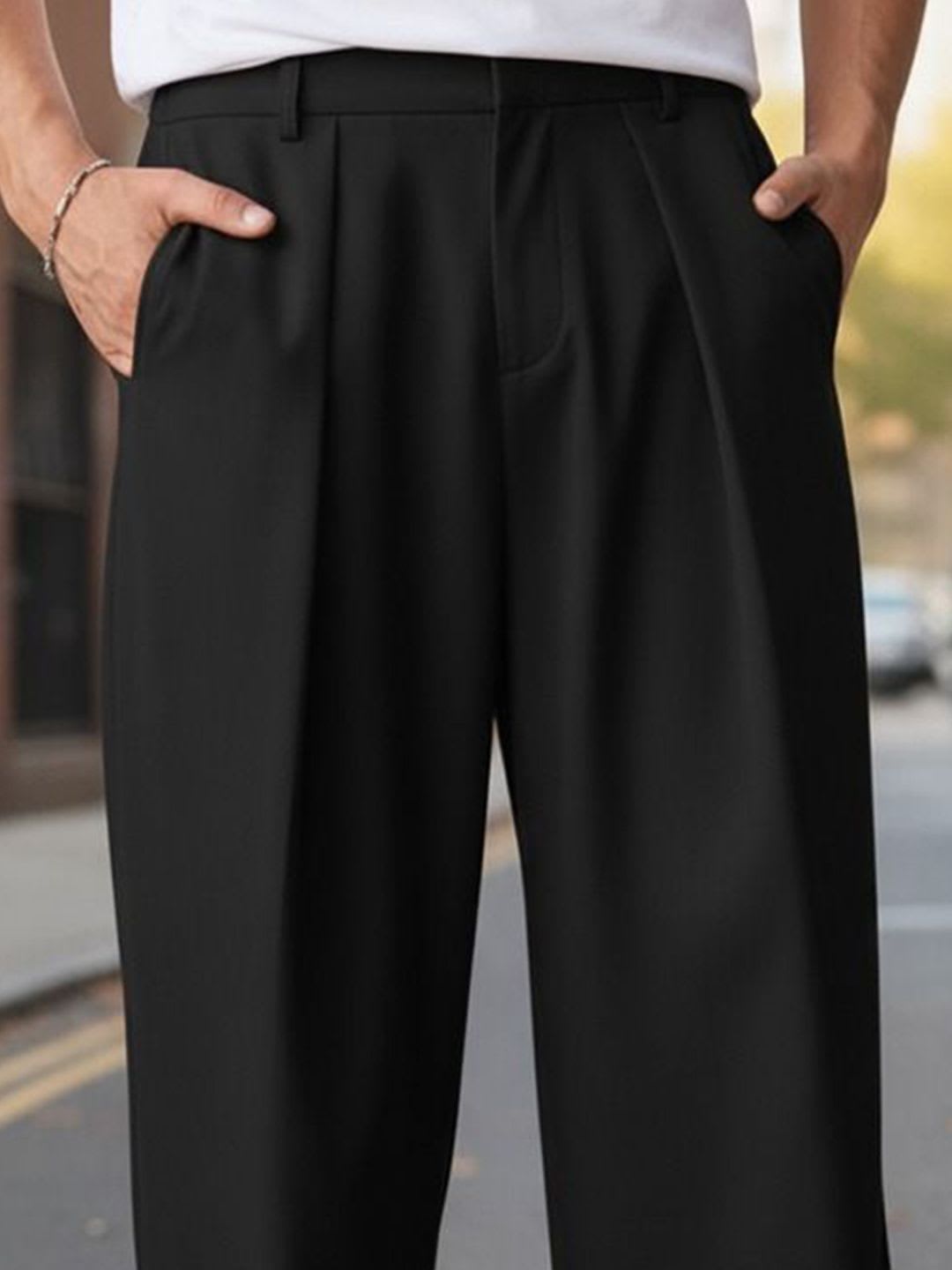 BROADSTAR Men Relaxed Straight Leg Straight Fit Easy Wash Pleated Korean Pants - back view