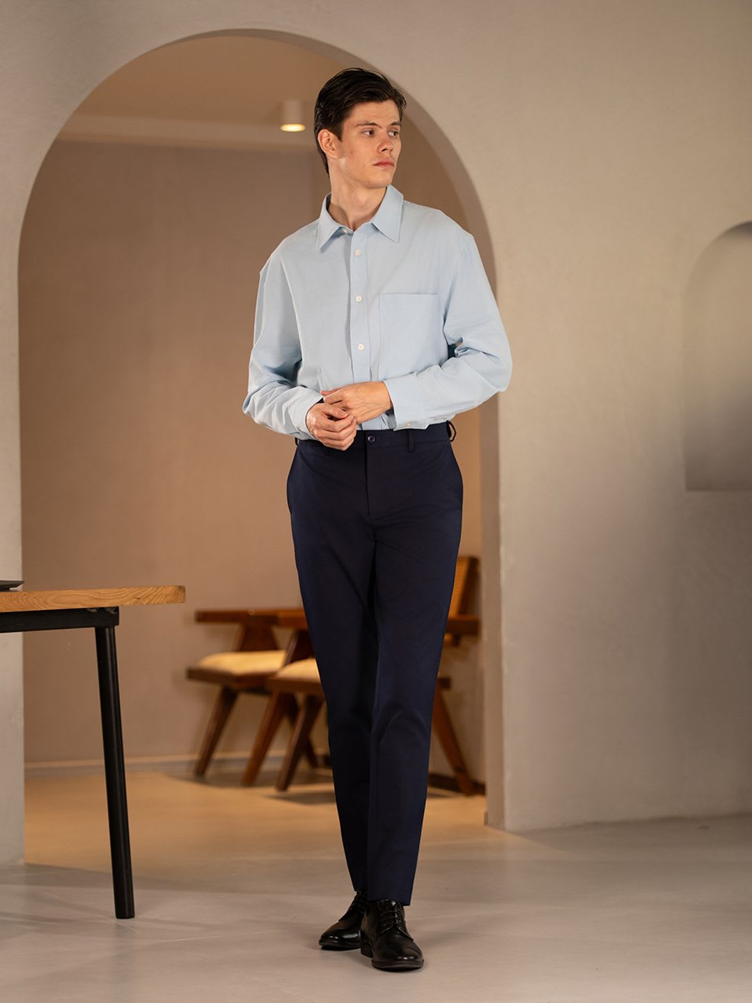 The Pant Project Men's Navy Solid Slim Fit Formal Trousers with Stretchable Waistband - right view
