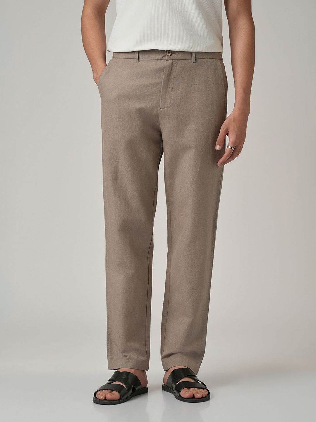 Banana Club Men Tan Linen/Cotton Relaxed Fit Trousers - default view