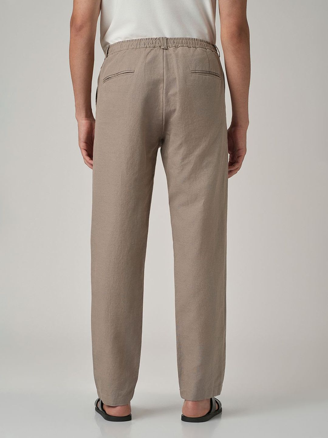 Banana Club Men Tan Linen/Cotton Relaxed Fit Trousers - back view
