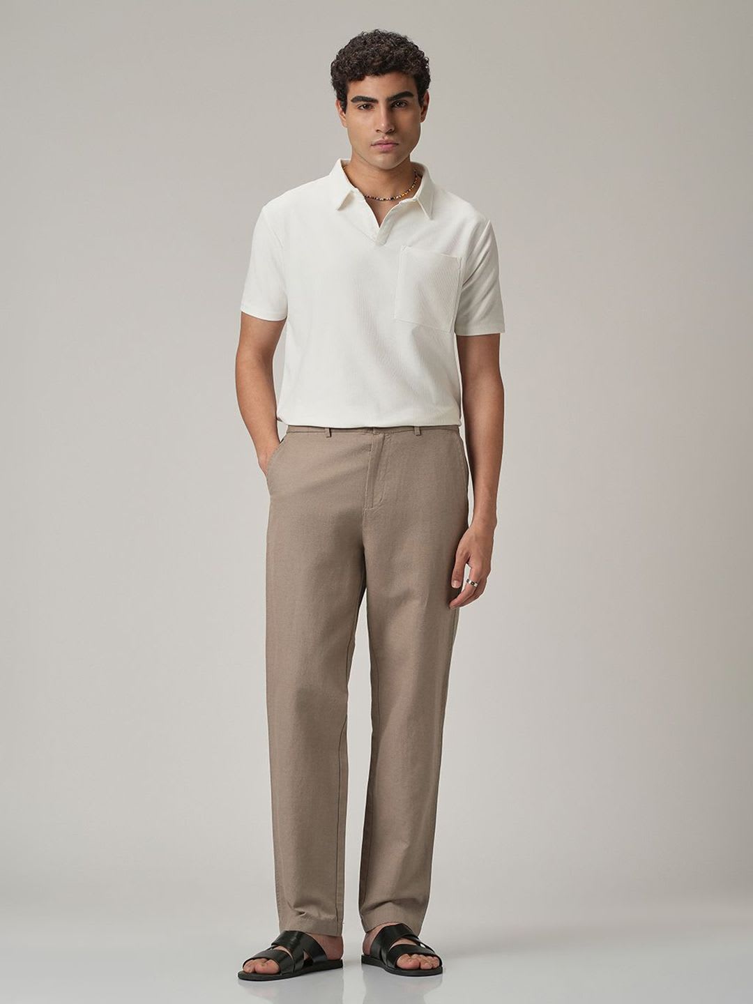 Banana Club Men Tan Linen/Cotton Relaxed Fit Trousers - right view